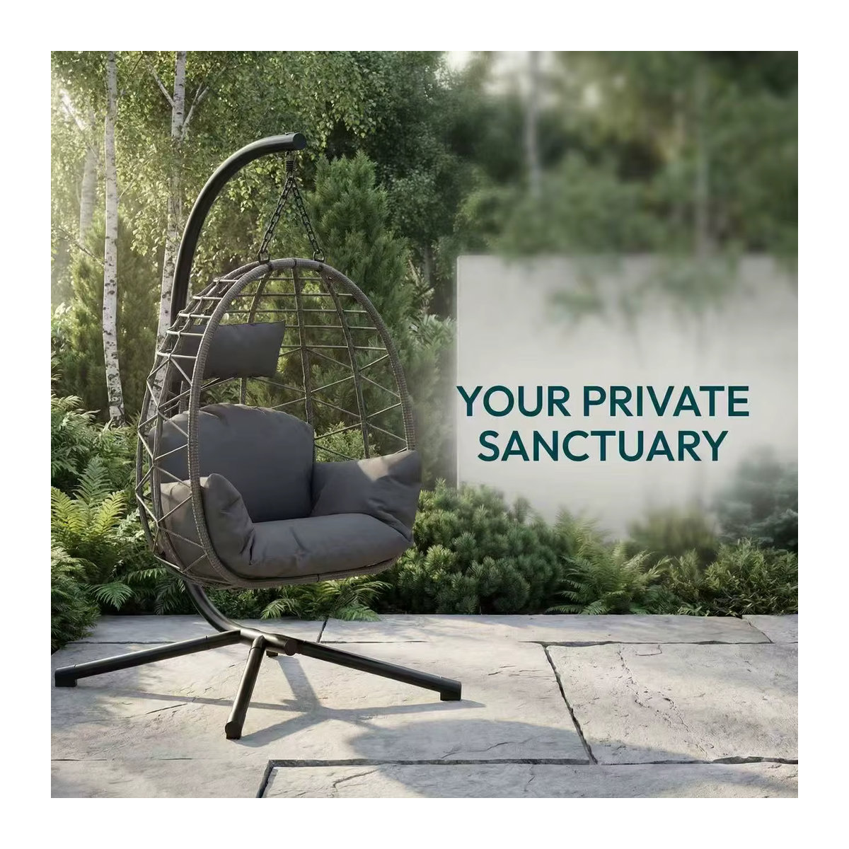 HAUSPROFI Hängesessel aus Polyrattan mit Ständer und wetterfestem Kissen in Grau für Garten, Balkon und Terrasse - Bild 5