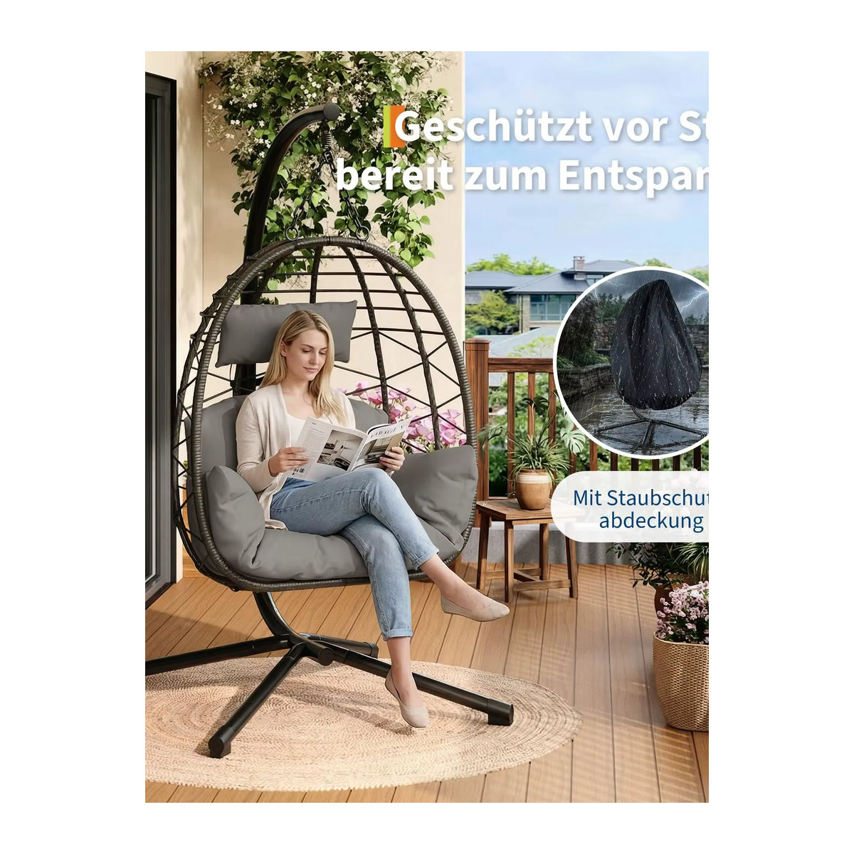 HAUSPROFI Hängesessel aus Polyrattan mit Ständer und wetterfestem Kissen in Grau für Garten, Balkon und Terrasse - Bild 7