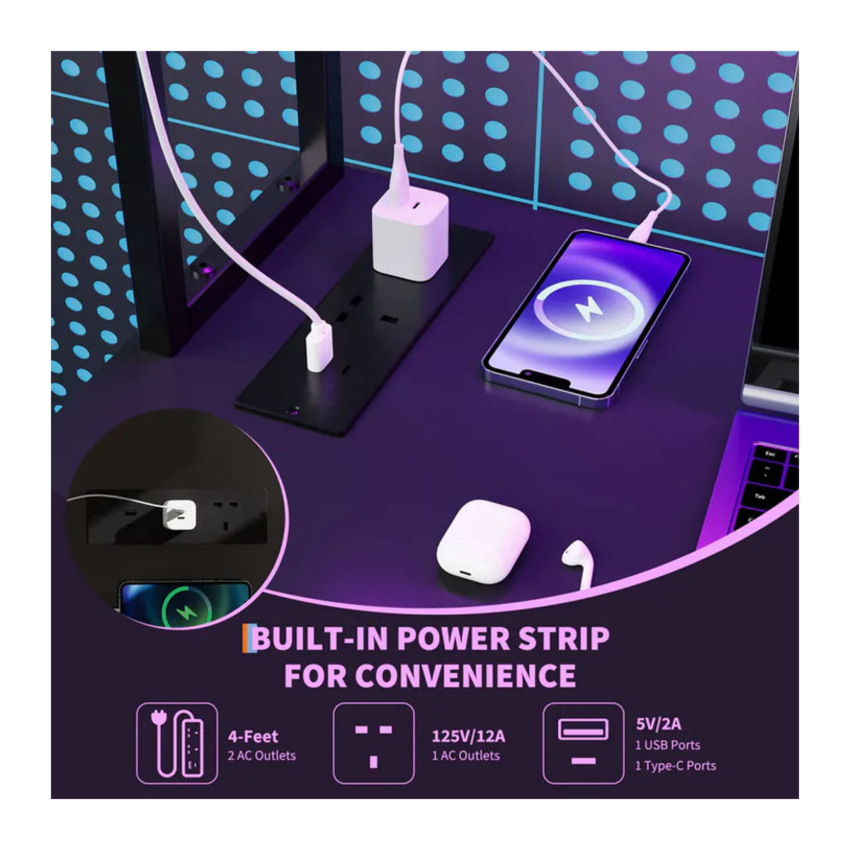HAUSPROFI L-förmiger Gaming-Tisch in Schwarz mit LED, Steckdose, USB-Ladeanschluss, Schublade und Monitorständer - Bild 2
