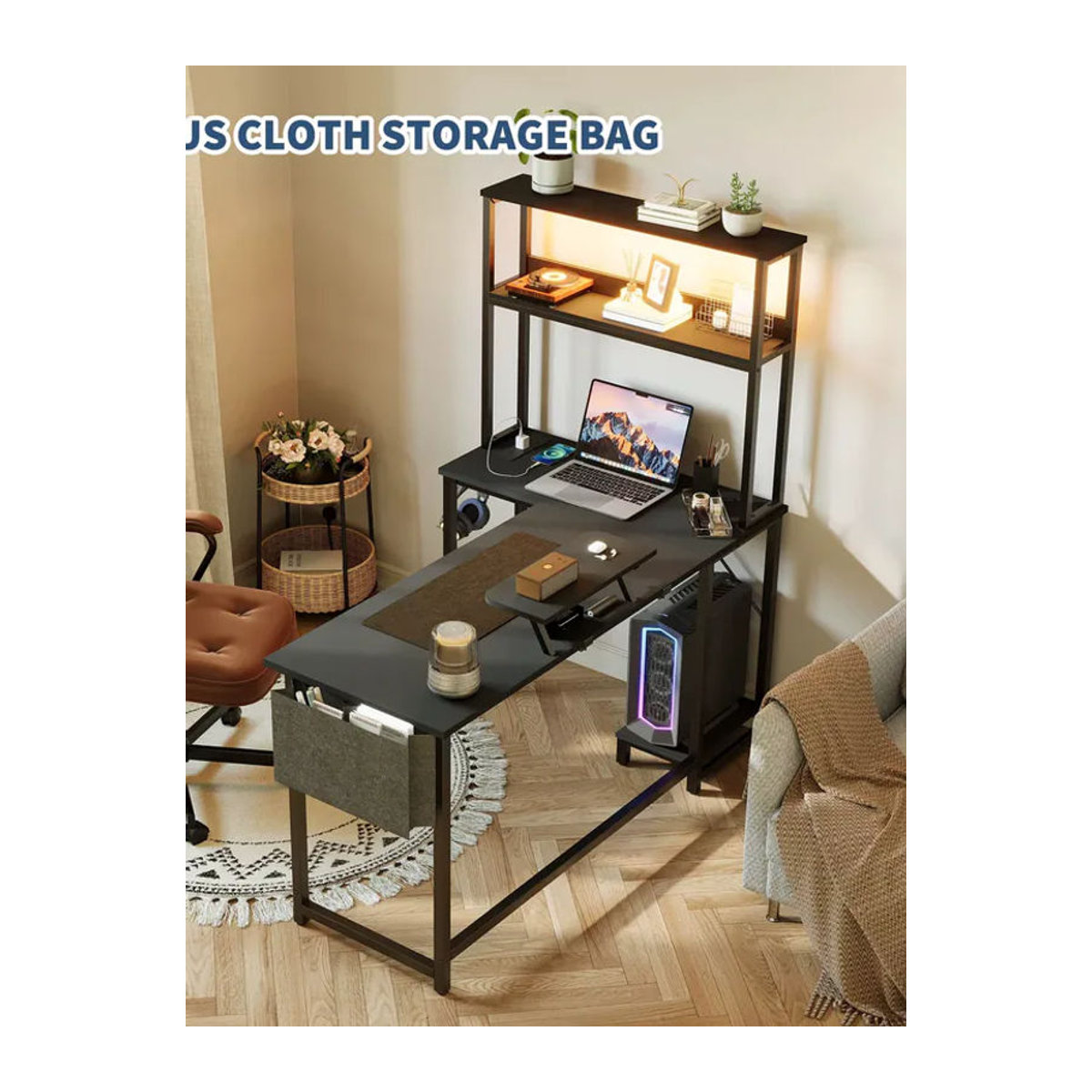 HAUSPROFI L-förmiger Gaming-Tisch in Schwarz mit LED, Steckdose, USB-Ladeanschluss, Schublade und Monitorständer - Bild 4