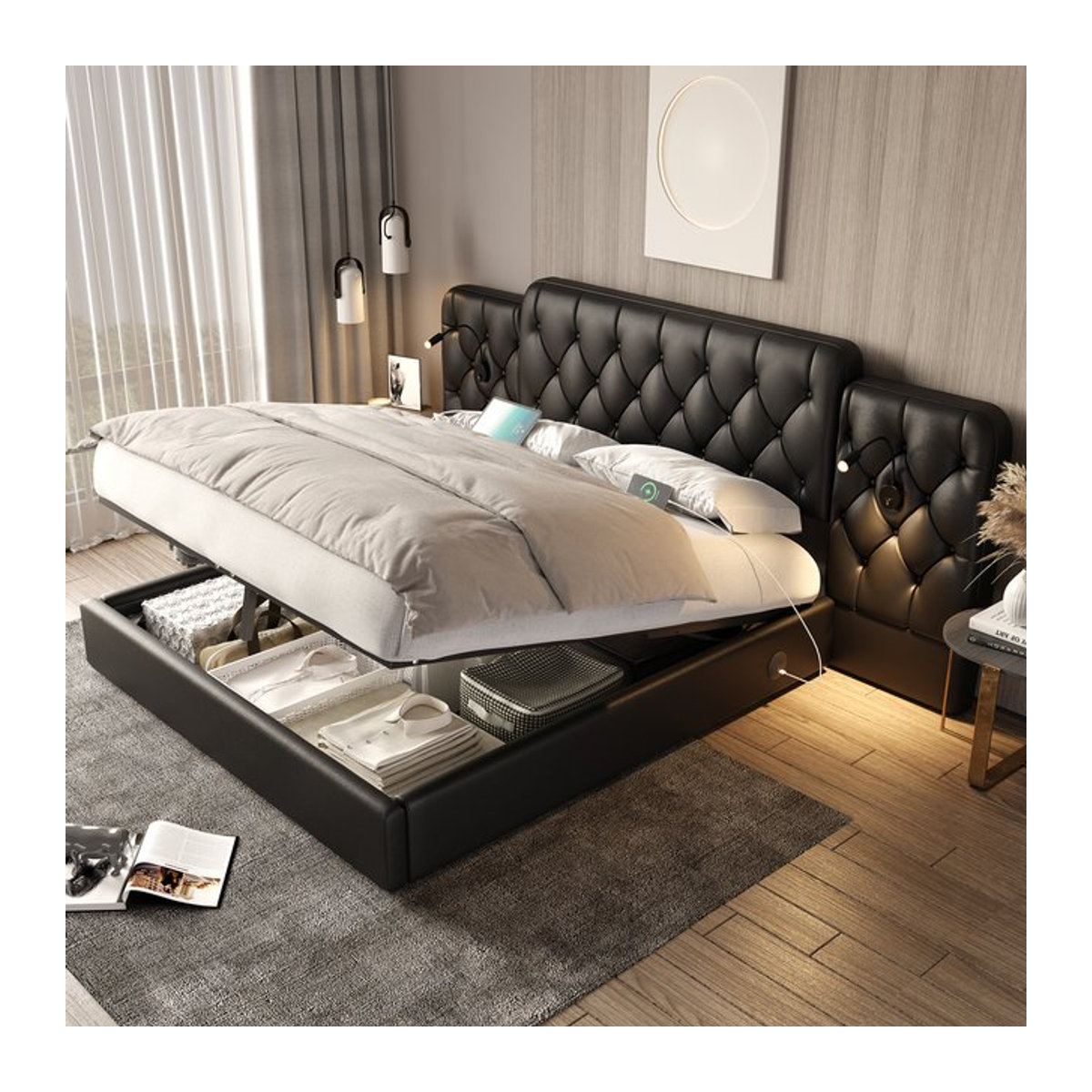 HAUSS Spole Polsterbett mit Stauraum, LED-Leselicht und USB-Anschlüssen aus Kunstleder, Schwarz, B: 160 cm, T: 200 cm - Bild 1