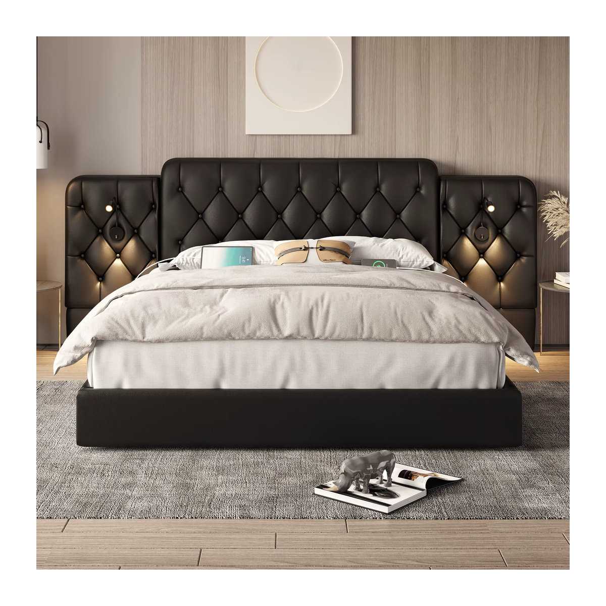 HAUSS Spole Polsterbett mit Stauraum, LED-Leselicht und USB-Anschlüssen aus Kunstleder, Schwarz, B: 160 cm, T: 200 cm - Bild 2