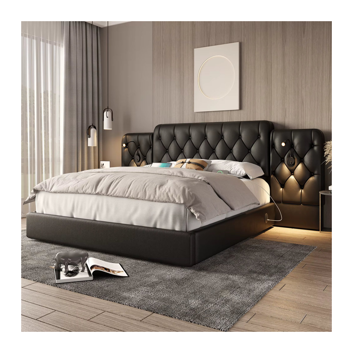 HAUSS Spole Polsterbett mit Stauraum, LED-Leselicht und USB-Anschlüssen aus Kunstleder, Schwarz, B: 160 cm, T: 200 cm - Bild 3
