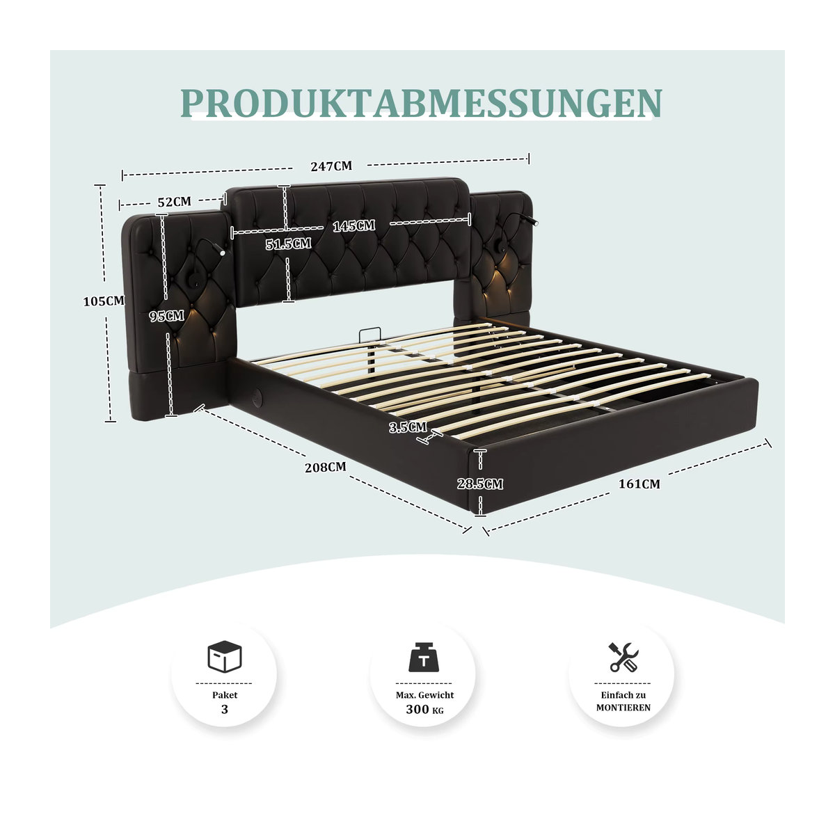HAUSS Spole Polsterbett mit Stauraum, LED-Leselicht und USB-Anschlüssen aus Kunstleder, Schwarz, B: 160 cm, T: 200 cm - Bild 4