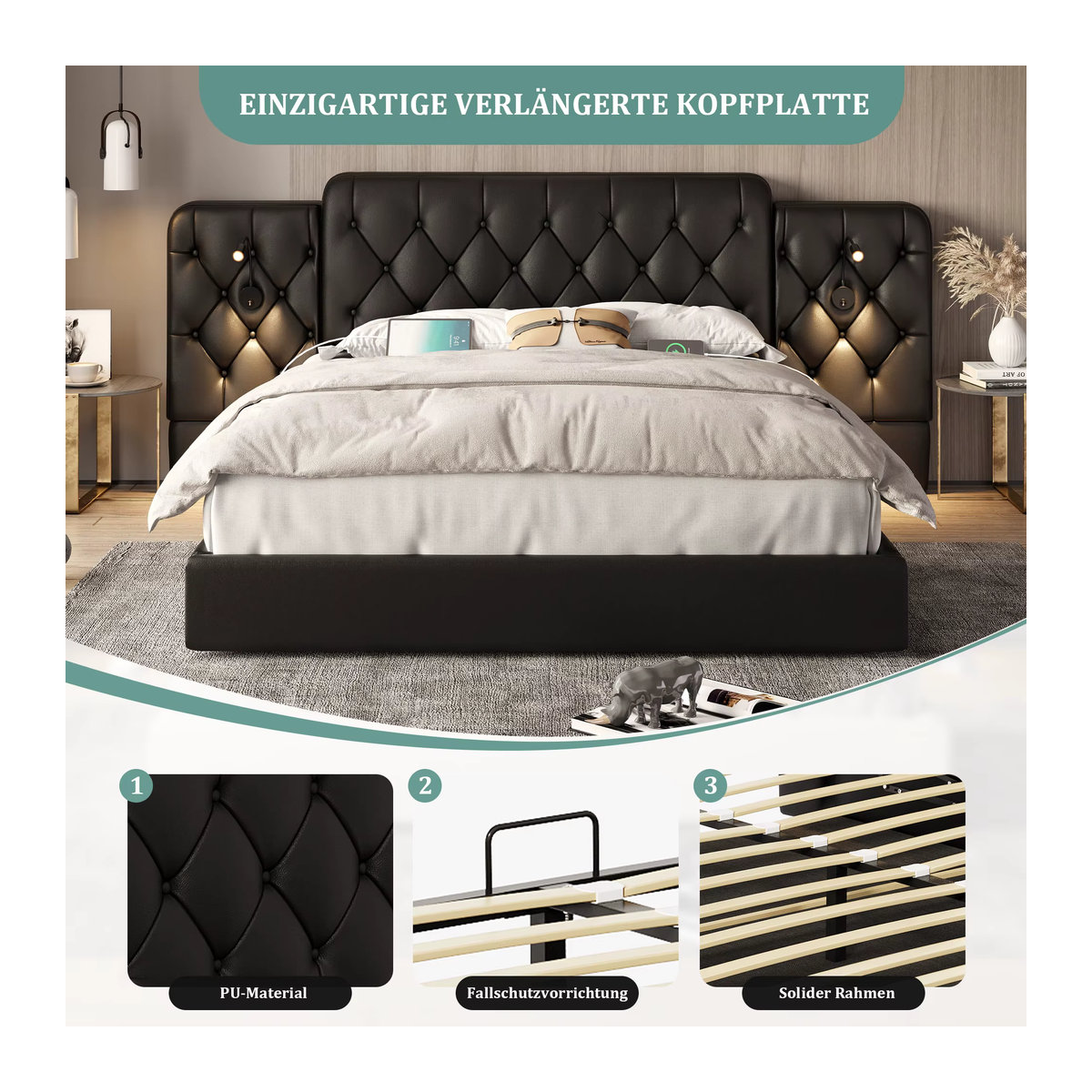 HAUSS Spole Polsterbett mit Stauraum, LED-Leselicht und USB-Anschlüssen aus Kunstleder, Schwarz, B: 160 cm, T: 200 cm - Bild 5