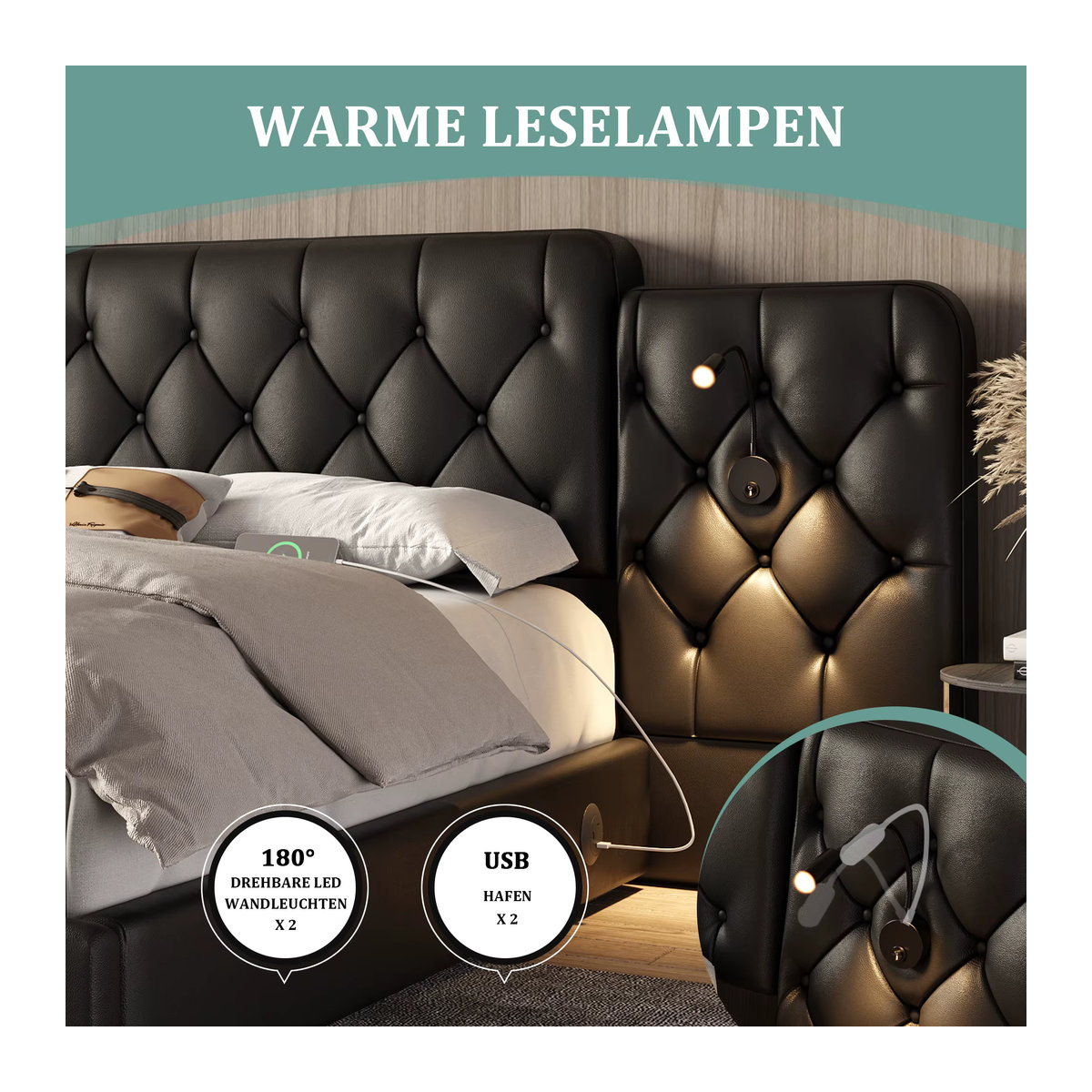HAUSS Spole Polsterbett mit Stauraum, LED-Leselicht und USB-Anschlüssen aus Kunstleder, Schwarz, B: 160 cm, T: 200 cm - Bild 6