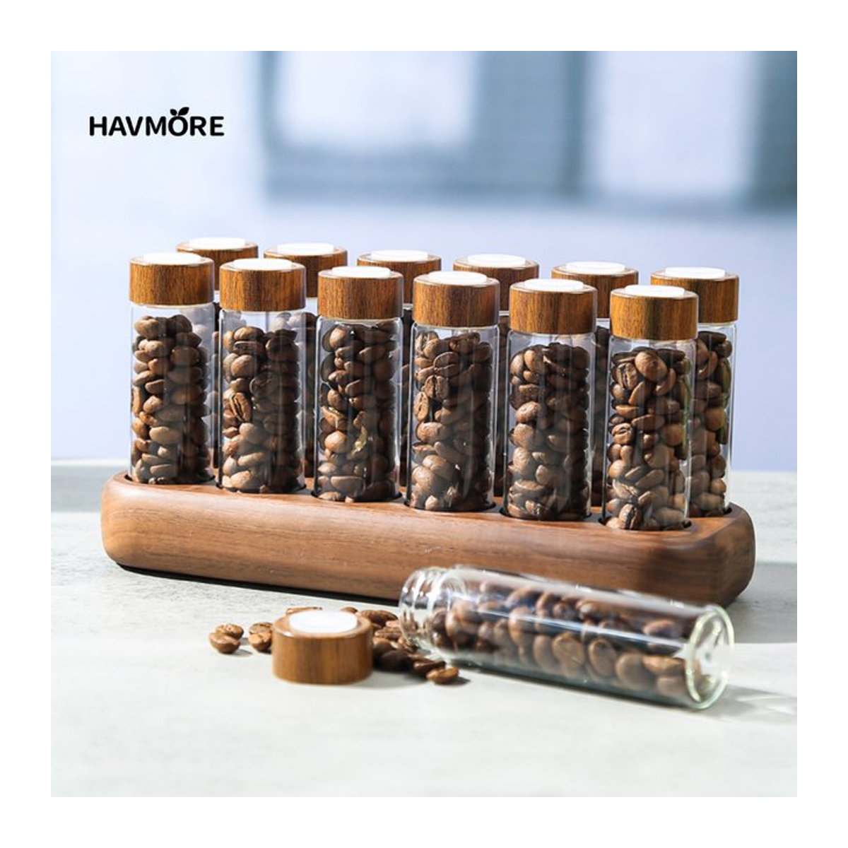 Havmore Holzhalter für 12 Reagenzgläser aus Holz und Glas in Braun und Transparent zur Aufbewahrung von Kaffeebohnen - Bild 1