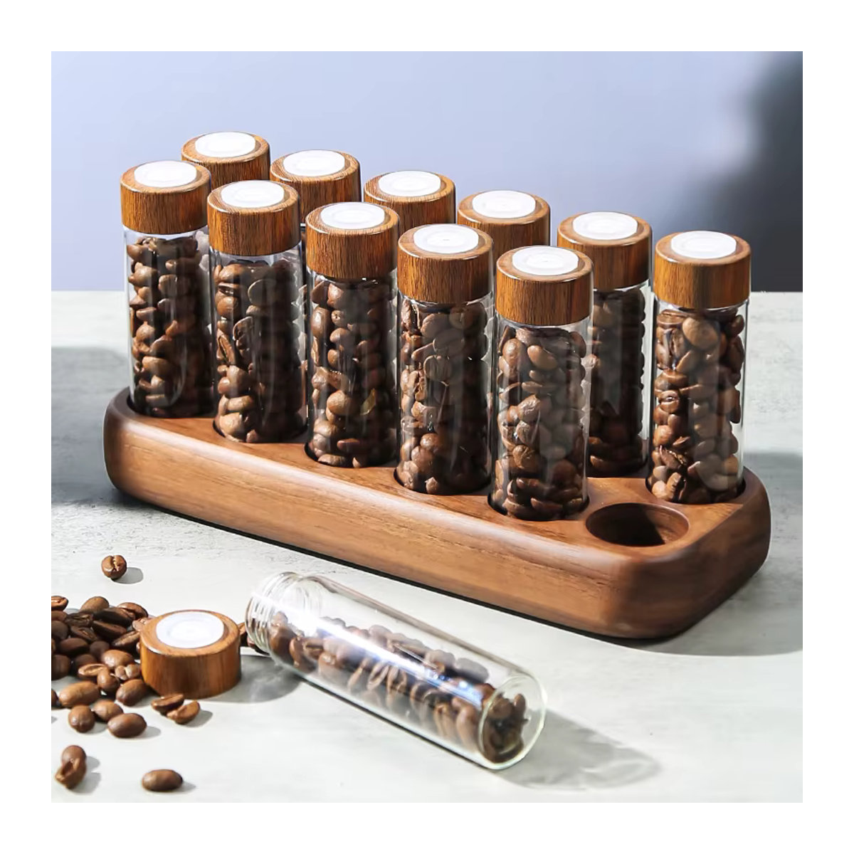Havmore Holzhalter für 12 Reagenzgläser aus Holz und Glas in Braun und Transparent zur Aufbewahrung von Kaffeebohnen - Bild 2
