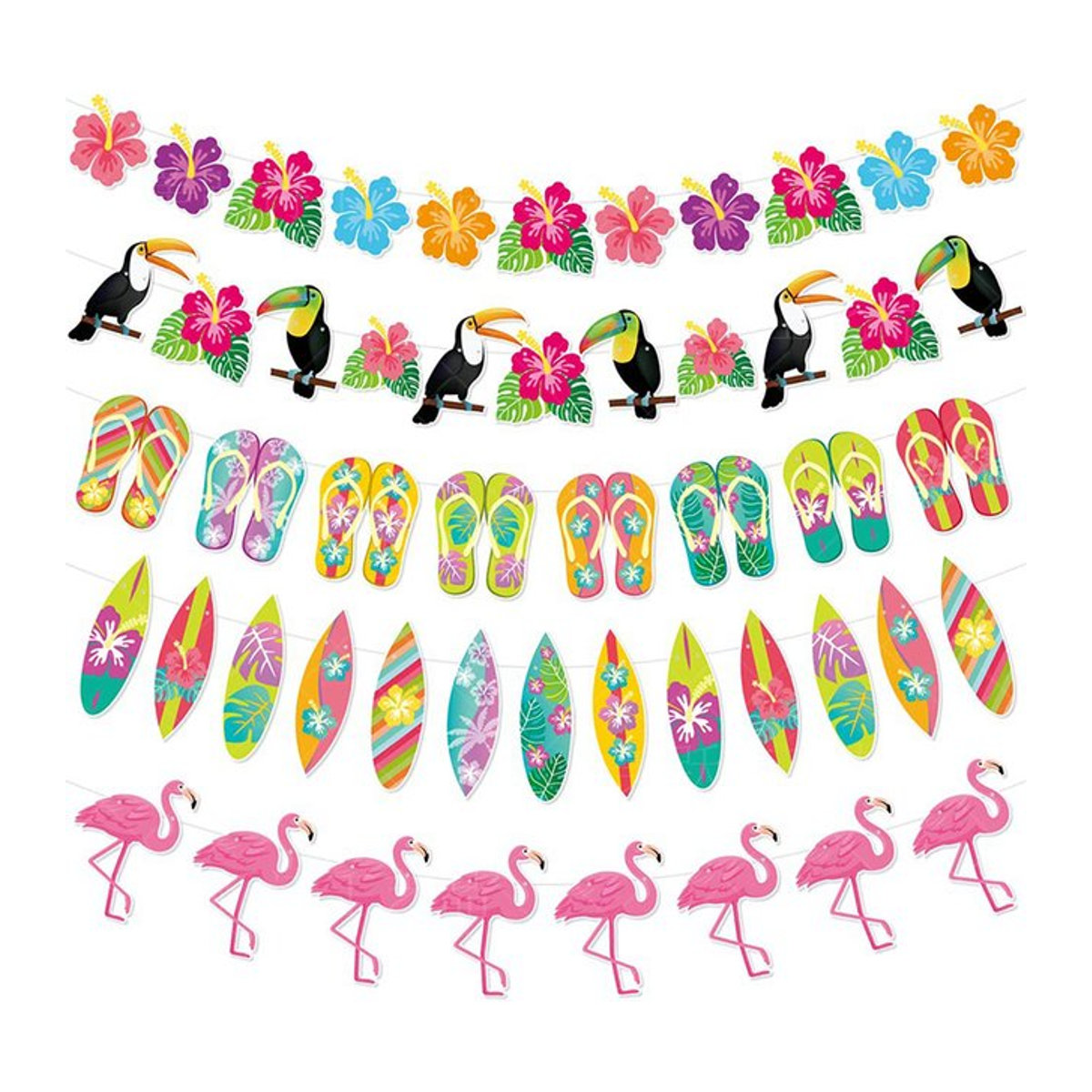 Hawaii Party Dekoration Set mit Flamingo und tropischen Blättern, Luau Girlanden und Banner aus Papier in Rosa und Mehrfarbig - Bild 1