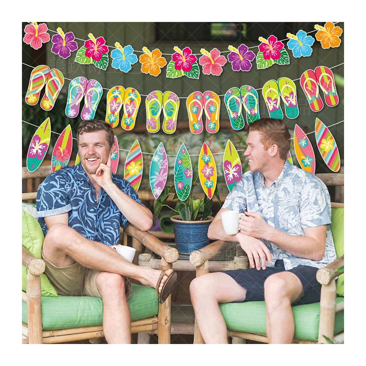 Hawaii Party Dekoration Set mit Flamingo und tropischen Blättern, Luau Girlanden und Banner aus Papier in Rosa und Mehrfarbig - Bild 3
