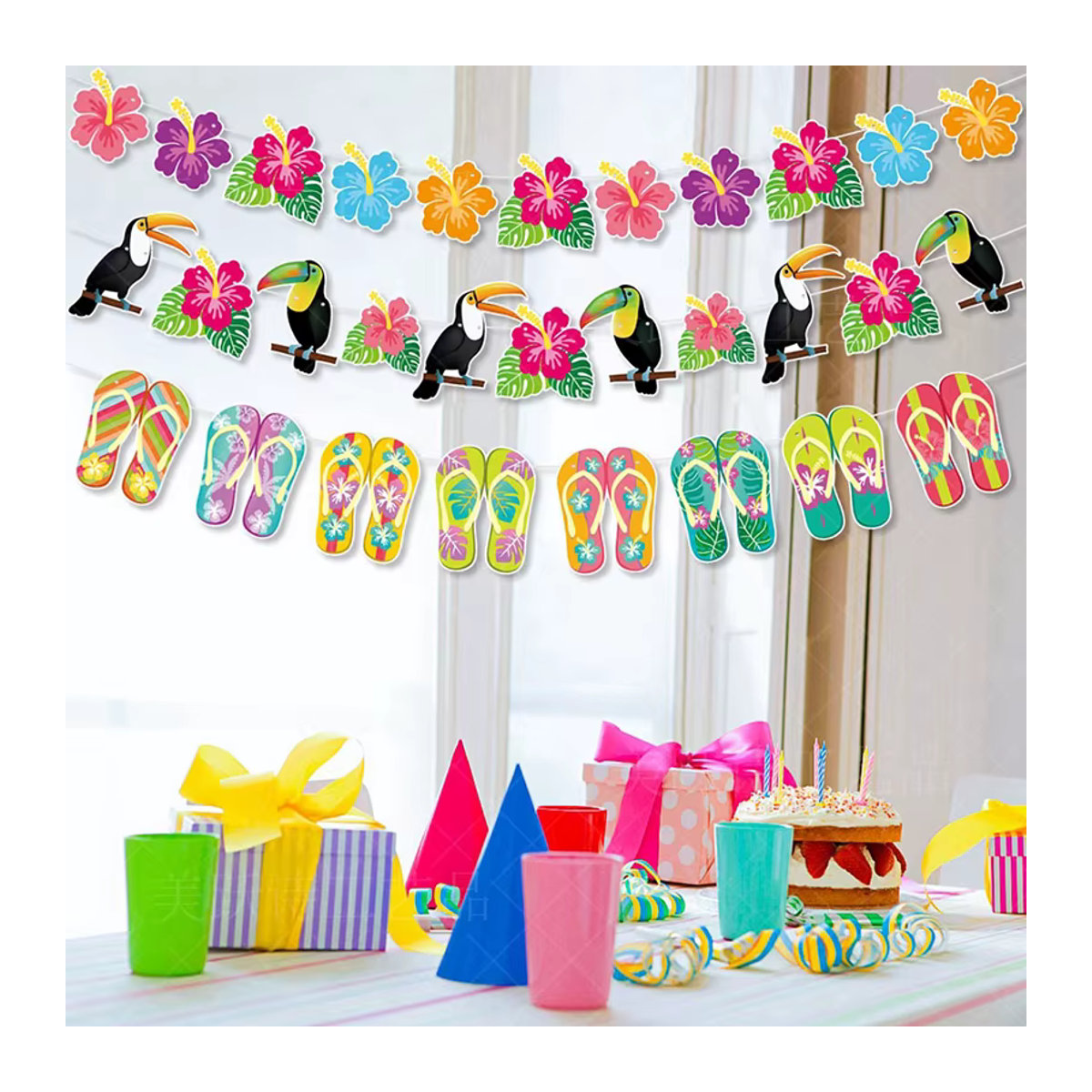 Hawaii Party Dekoration Set mit Flamingo und tropischen Blättern, Luau Girlanden und Banner aus Papier in Rosa und Mehrfarbig - Bild 4