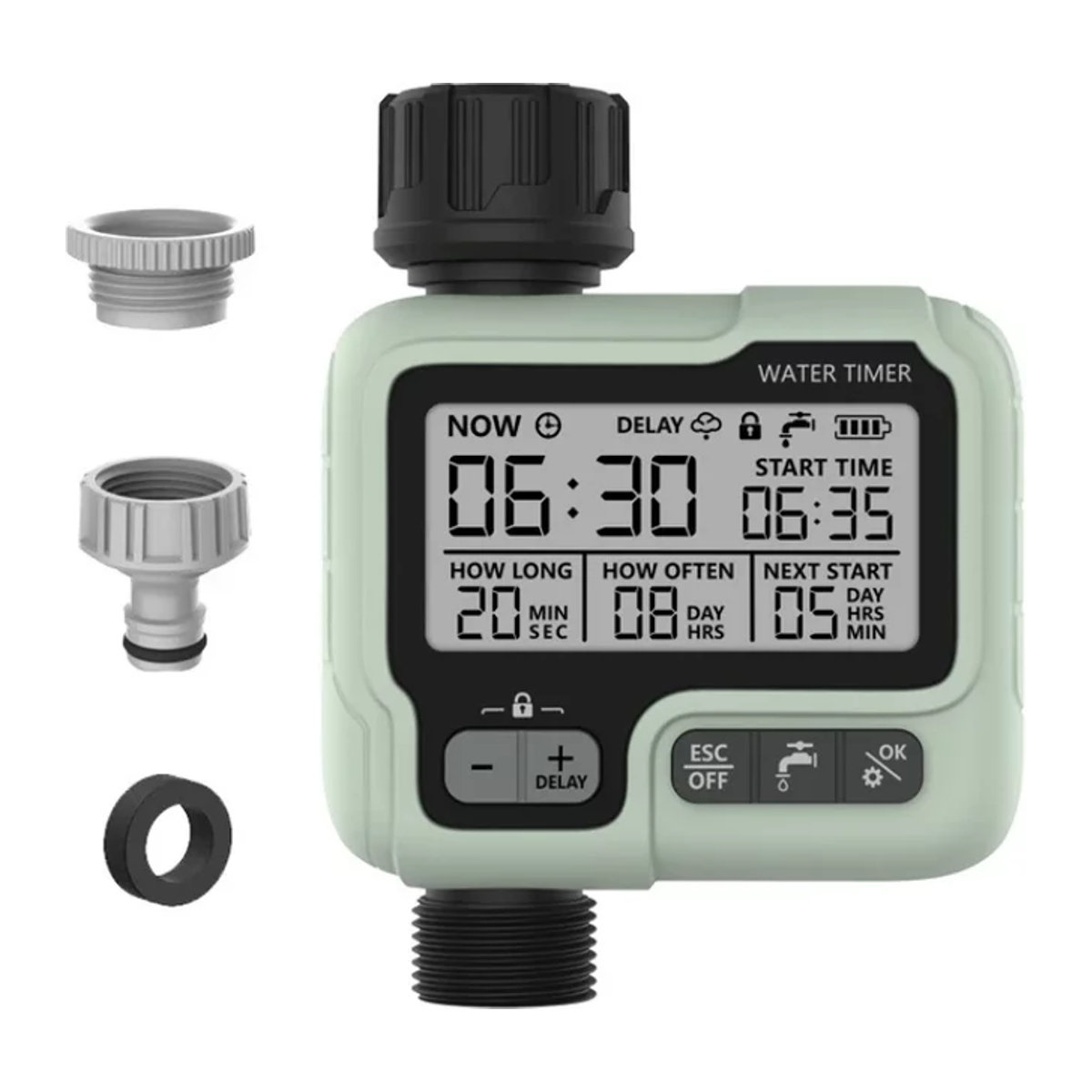 HCT-322 Automatischer Bewässerungstimer für den Garten mit LCD-Display, digitaler Bewässerungsmaschine und intelligenter Sprinklersteuerung in Grün-Weiß - Bild 1