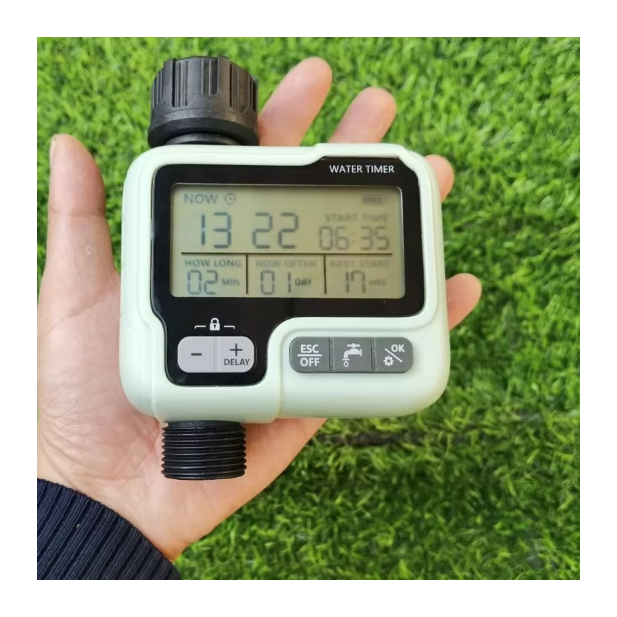 HCT-322 Automatischer Bewässerungstimer für den Garten mit LCD-Display, digitaler Bewässerungsmaschine und intelligenter Sprinklersteuerung in Grün-Weiß - Bild 2