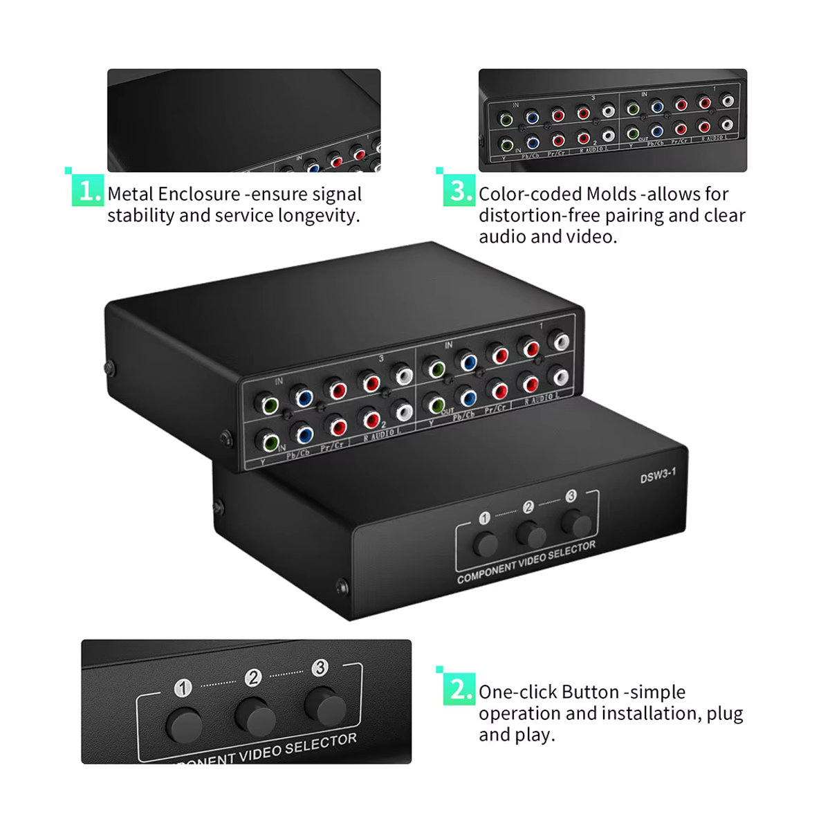 HDmatters YPbPr Component Video- und Audioschalter 4x1/3x1 in Schwarz aus Metall - Bild 4