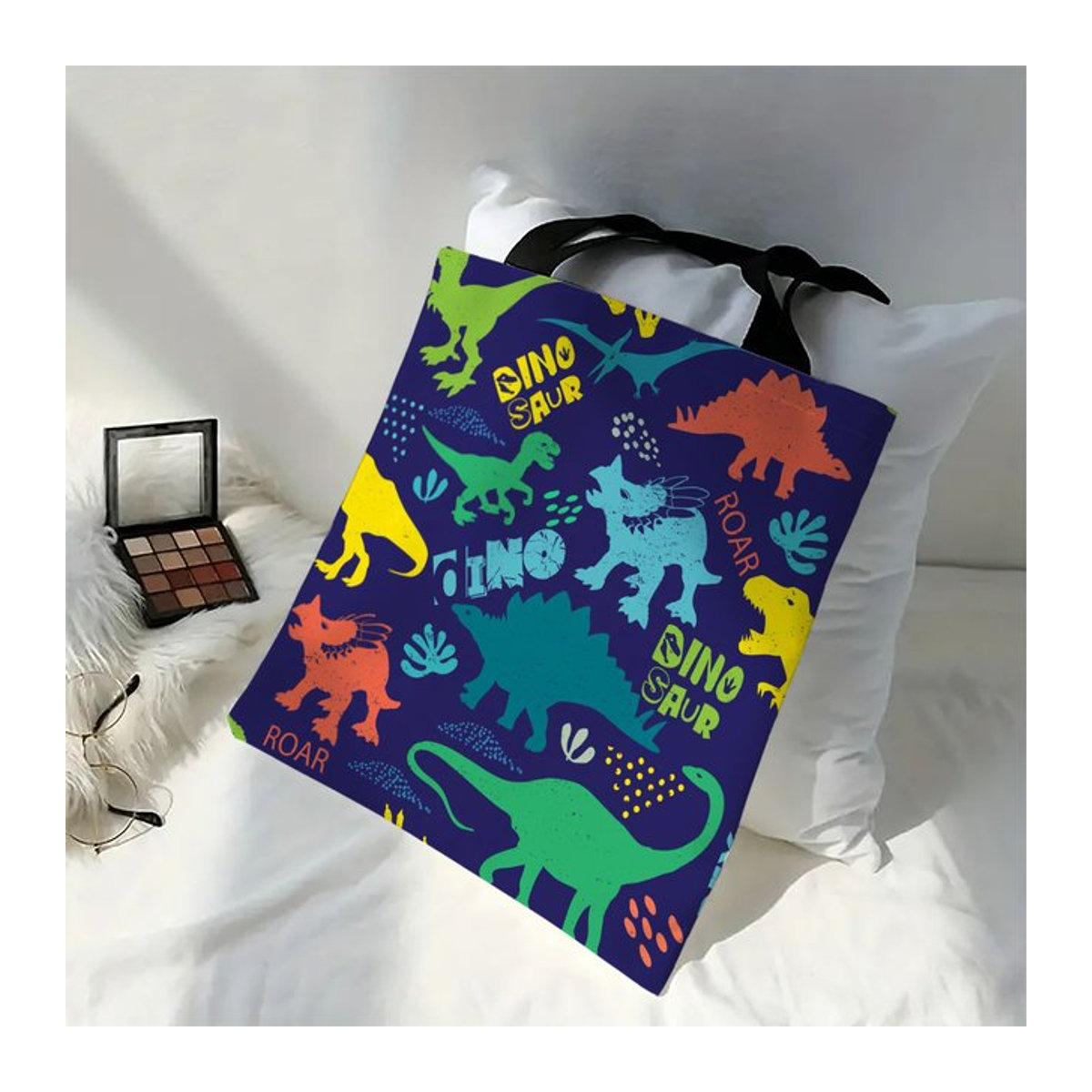 HEARMNY Cartoon Dinosaurier Einkaufstasche für Frauen, faltbare Eco Tote Bag, mehrfarbig, B: 30 cm, H: 35 cm - Bild 1