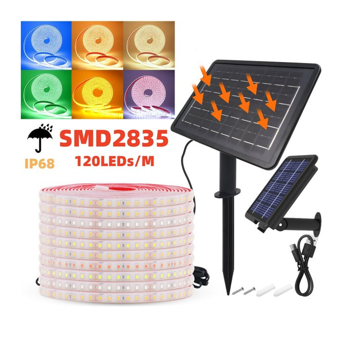 HEGEHE Solar-LED-Lichtleiste für den Außenbereich, 10 m, Warmweiß, IP68 wasserdicht, SMD 2835 mit 120 LEDs/m - Bild 1
