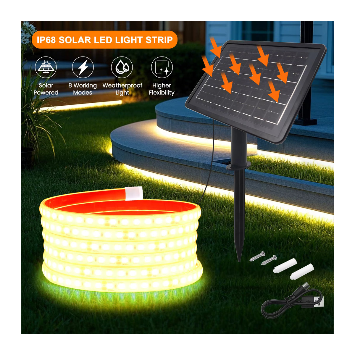 HEGEHE Solar-LED-Lichtleiste für den Außenbereich, 10 m, Warmweiß, IP68 wasserdicht, SMD 2835 mit 120 LEDs/m - Bild 3