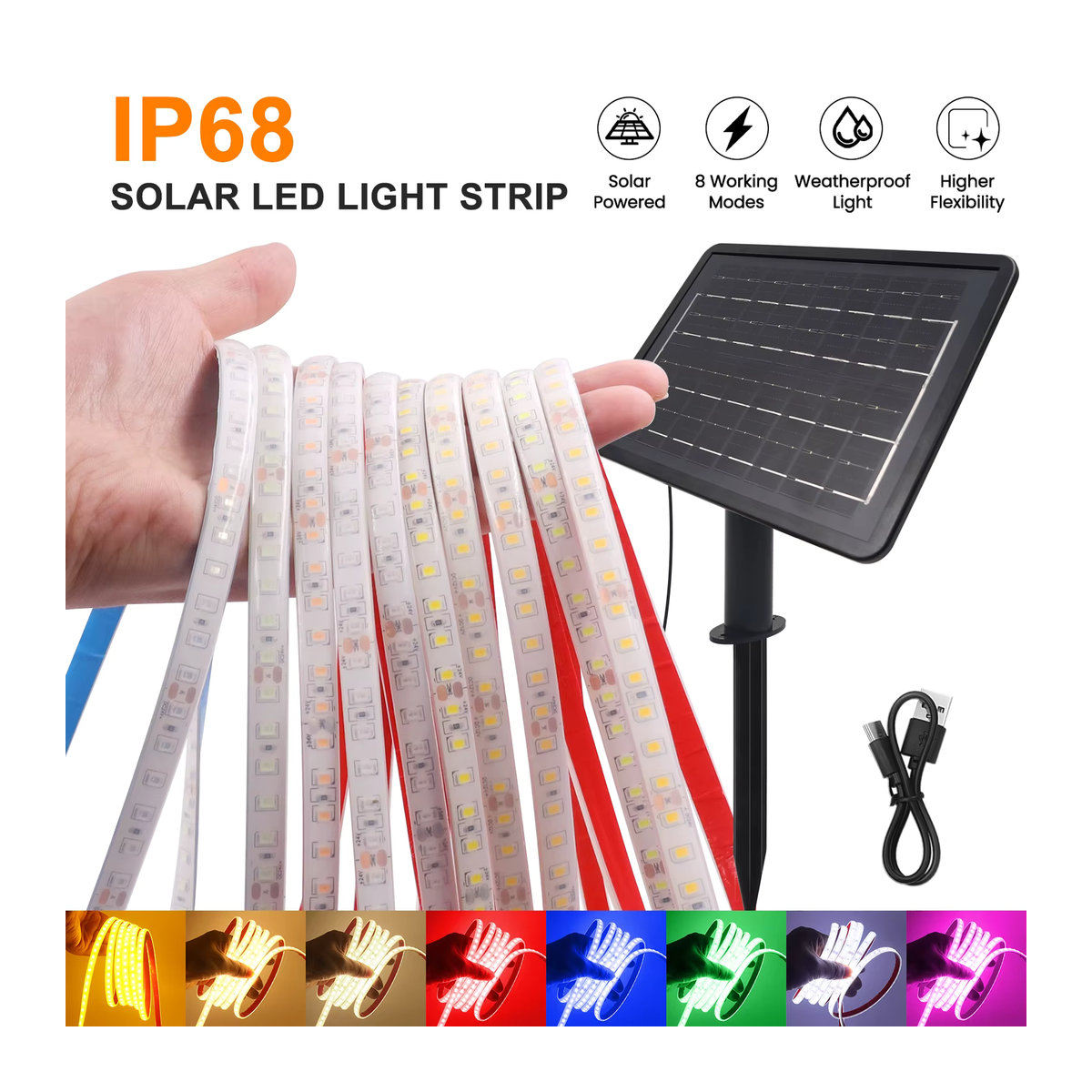 HEGEHE Solar-LED-Lichtleiste für den Außenbereich, 10 m, Warmweiß, IP68 wasserdicht, SMD 2835 mit 120 LEDs/m - Bild 4