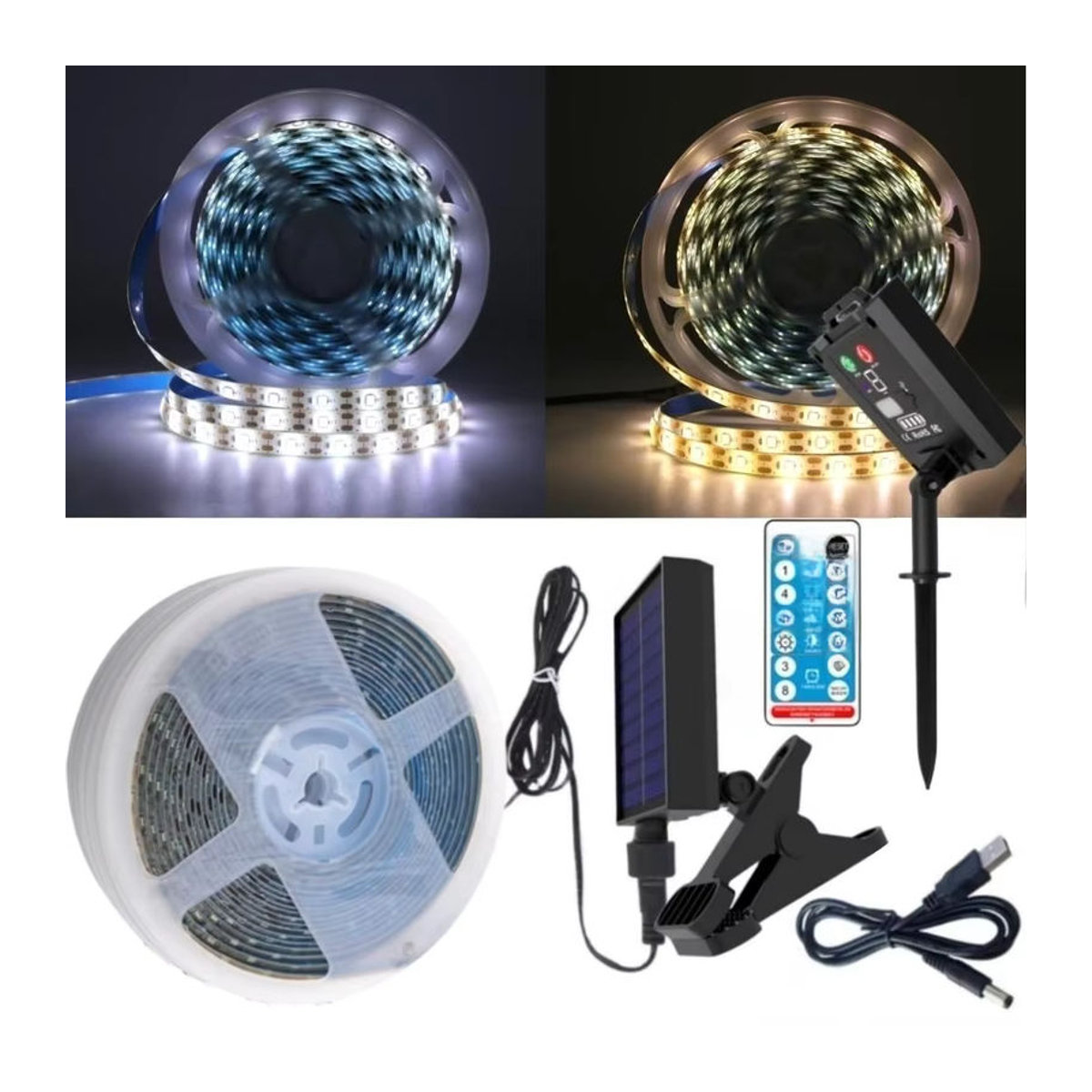 HEGEHE Solar-LED-Streifen mit Fernbedienung, SMD2835, 5V, 60 LEDs/m, IP65 wasserdicht, flexibel und schneidbar, Warmweiß, Schwarz - Bild 3
