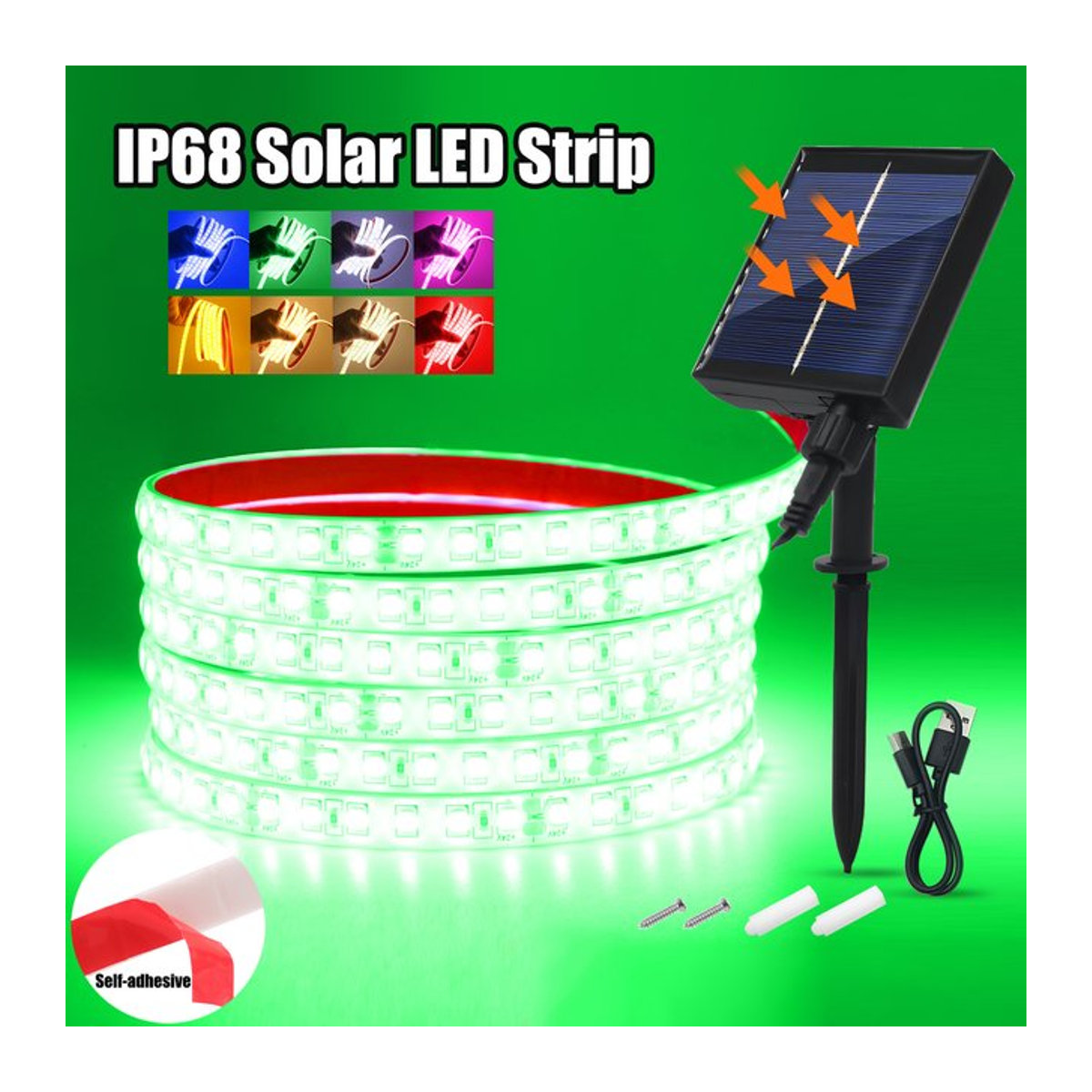 HEGEHE Solar-LED-Streifenlicht 24V für den Außenbereich, IP68 wasserdicht, 120 LEDs/m, selbstklebend, Bunt - Bild 1