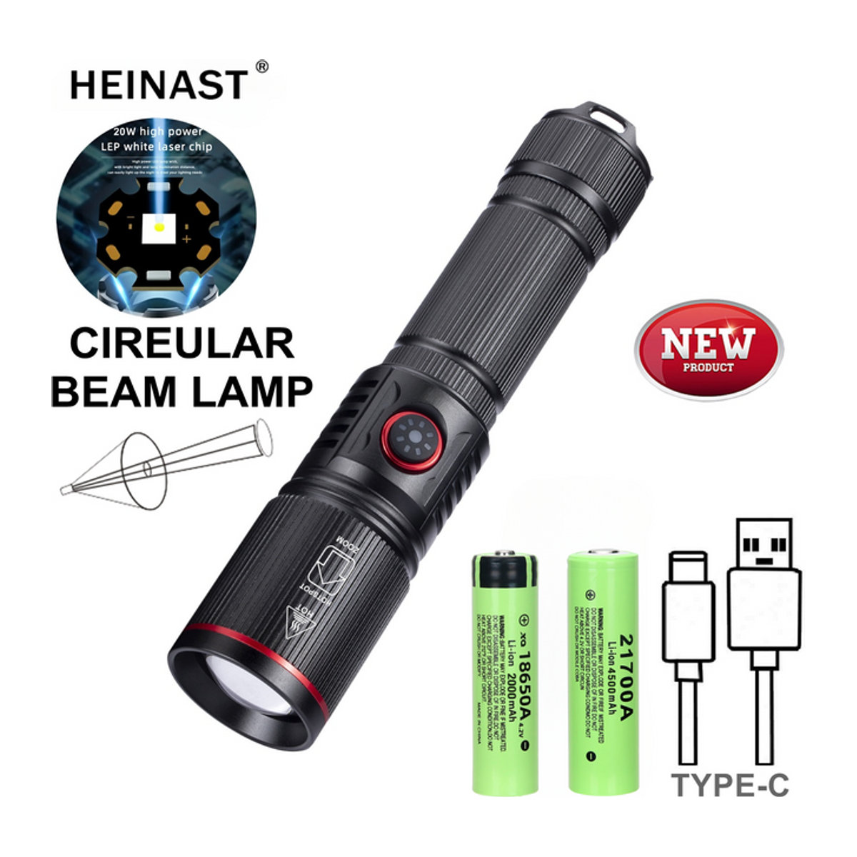 Heinast Hochstarke LED Taschenlampe mit Zoom und wiederaufladbarem Akku für Outdoor und Camping - Bild 1