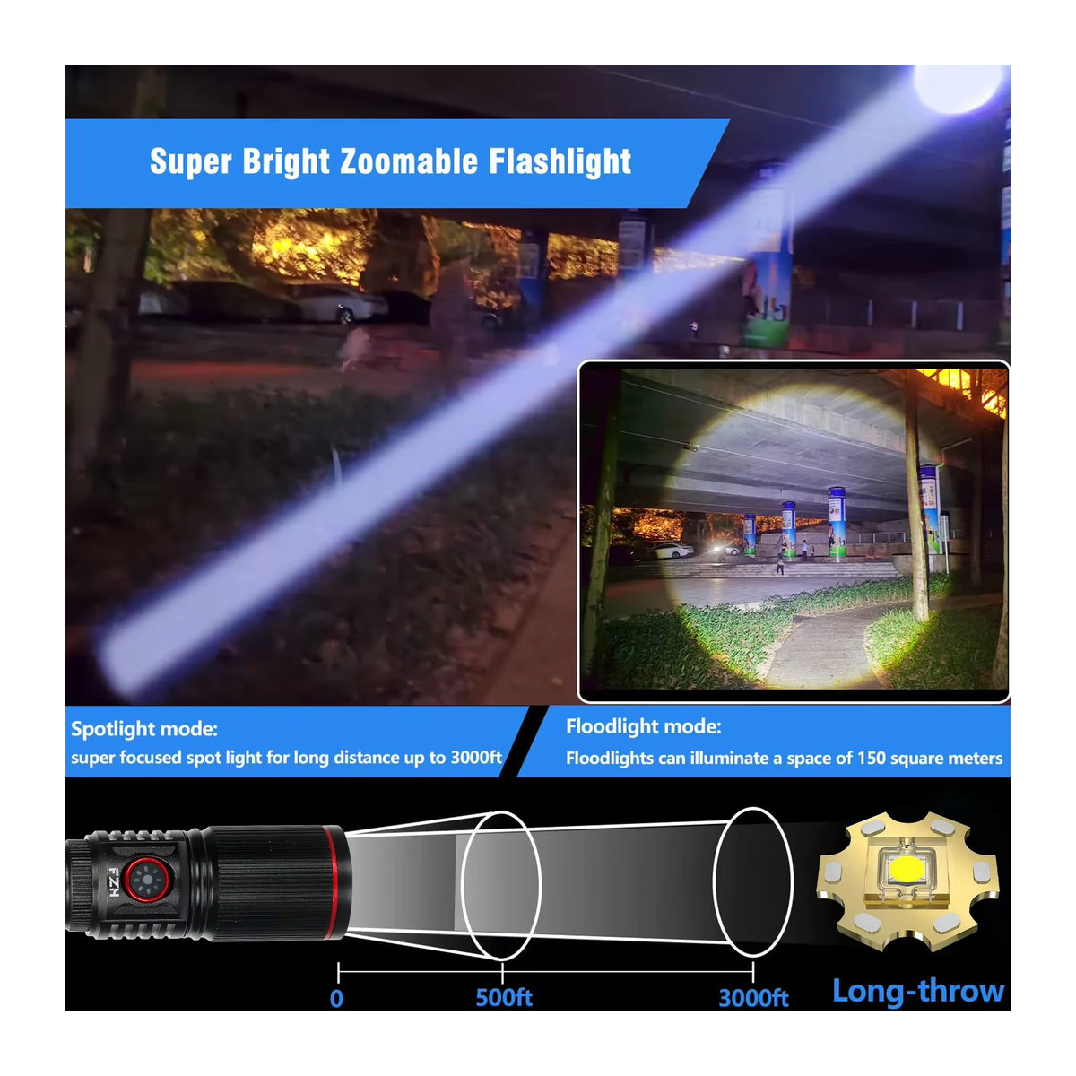 Heinast Hochstarke LED Taschenlampe mit Zoom und wiederaufladbarem Akku für Outdoor und Camping - Bild 2