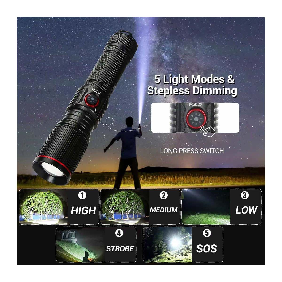 Heinast Hochstarke LED Taschenlampe mit Zoom und wiederaufladbarem Akku für Outdoor und Camping - Bild 3
