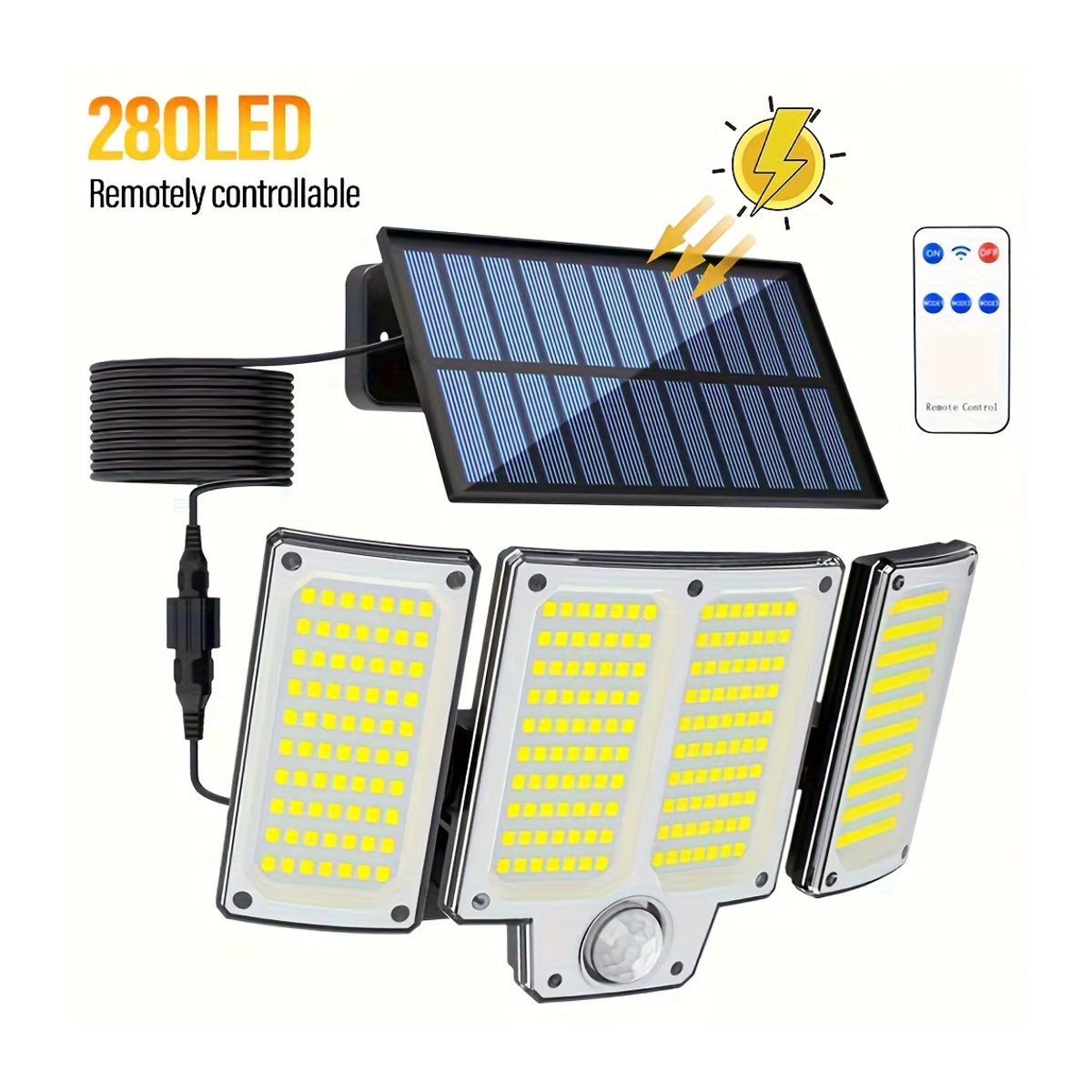 Heinast Solar-Bewegungsmelder-Leuchten mit Fernbedienung, Schwarz, 3-köpfiger LED Außenstrahler mit 280 LEDs und 3 Beleuchtungsmodi - Bild 5