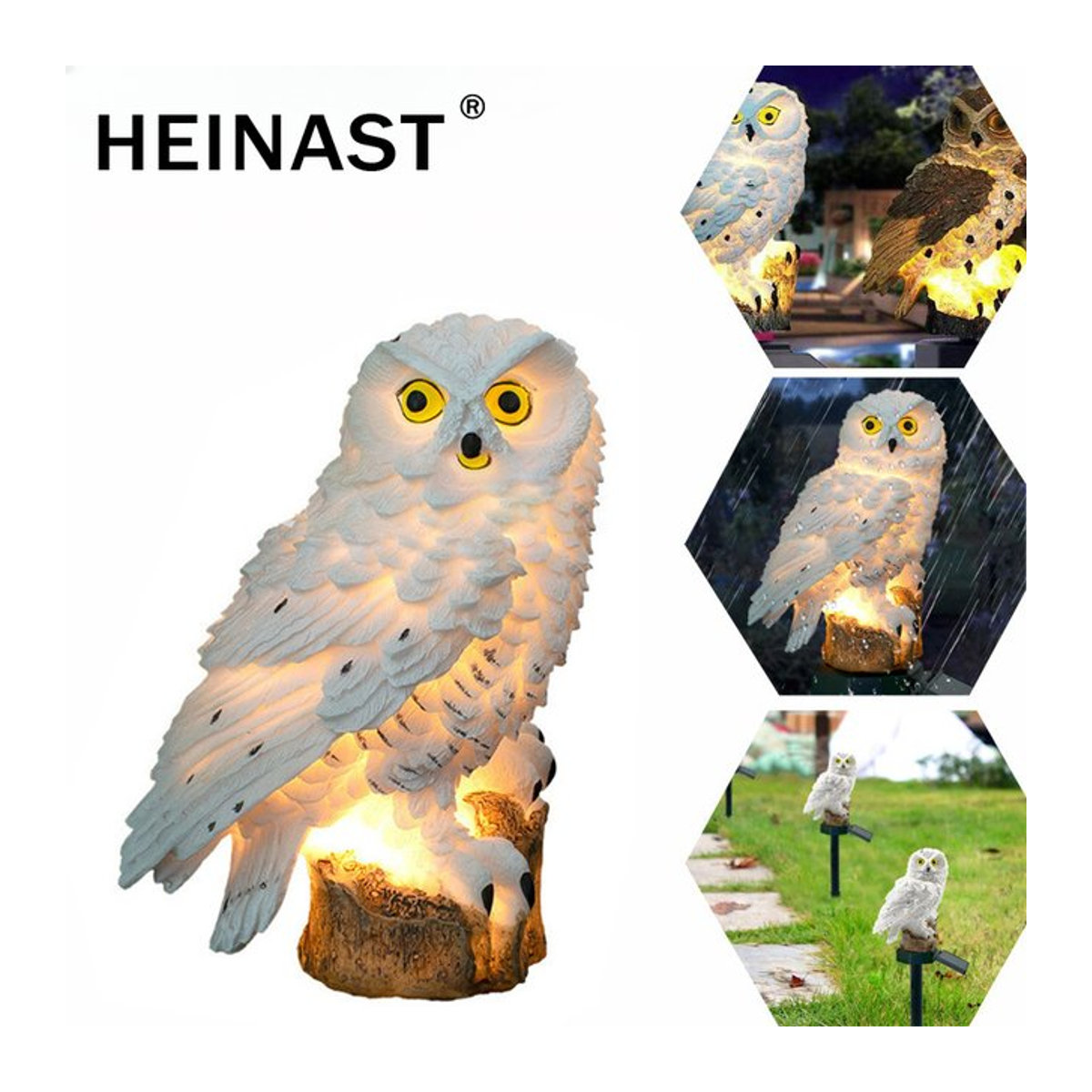 Heinast Solarleuchte Eule aus Kunstharz in Weiß mit LED für den Garten und Außenbereich - Bild 1