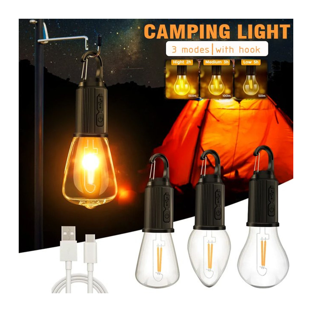 Heinast Tragbare LED Camping Laterne mit USB-Wiederaufladung und Haken für Outdoor, Angeln und Notbeleuchtung - Bild 1