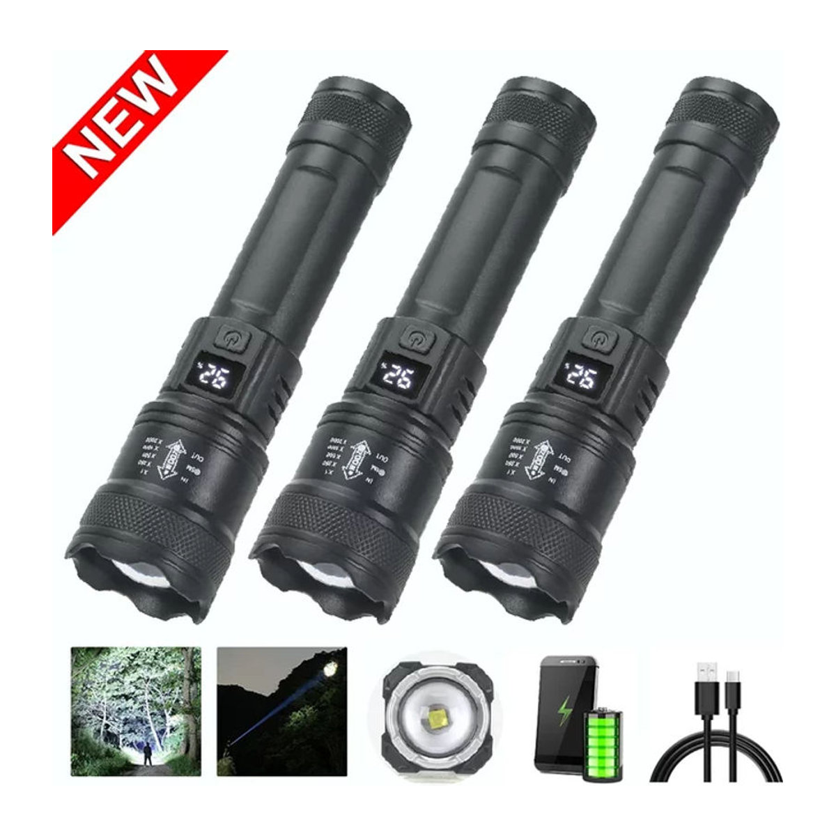Heinast Tragbare LED-Taschenlampe Ultrahell Wiederaufladbar über USB mit Zoom und Leistungsanzeige für Outdoor Camping und Angeln - Bild 1