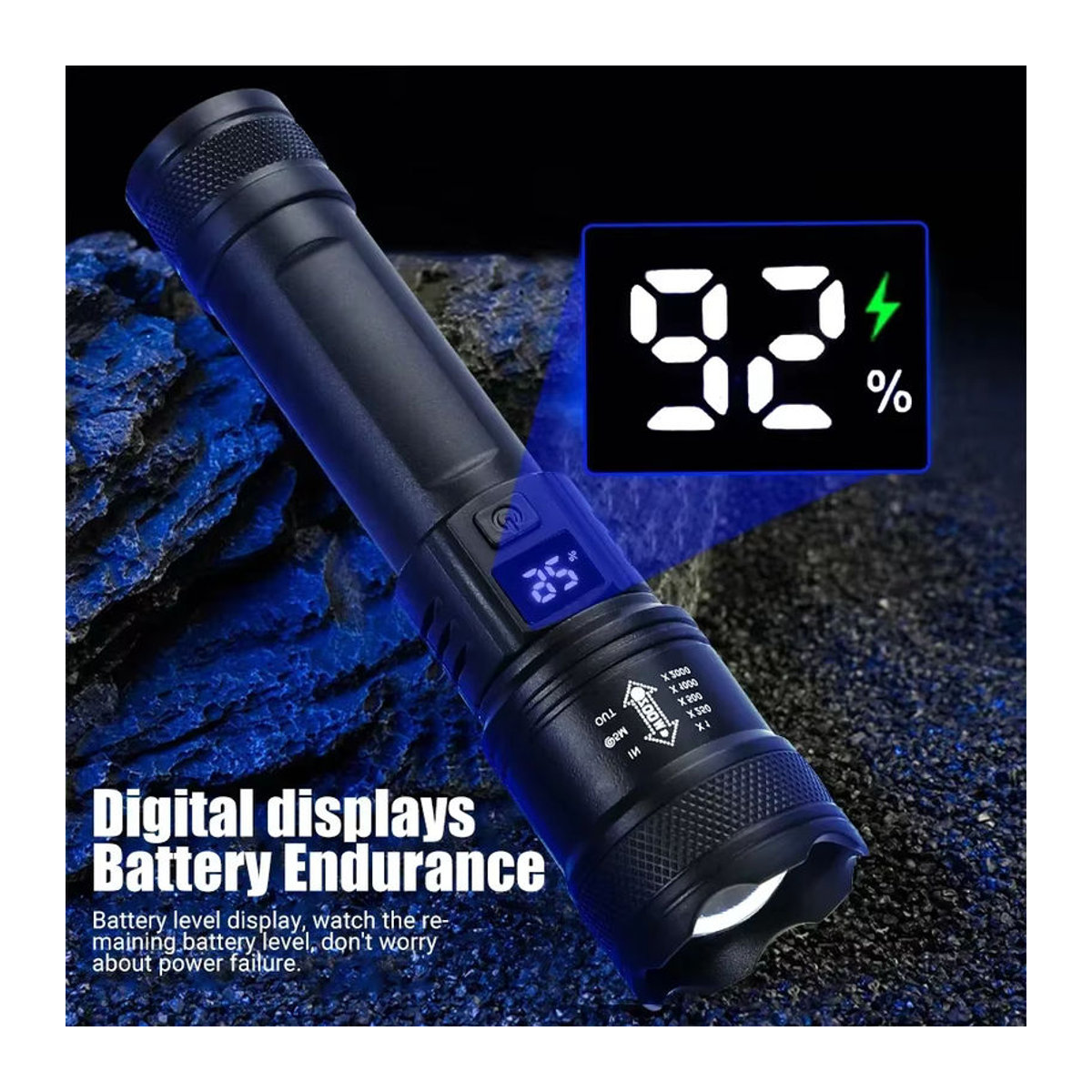 Heinast Tragbare LED-Taschenlampe Ultrahell Wiederaufladbar über USB mit Zoom und Leistungsanzeige für Outdoor Camping und Angeln - Bild 2