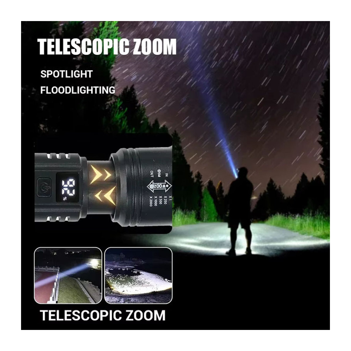 Heinast Tragbare LED-Taschenlampe Ultrahell Wiederaufladbar über USB mit Zoom und Leistungsanzeige für Outdoor Camping und Angeln - Bild 3