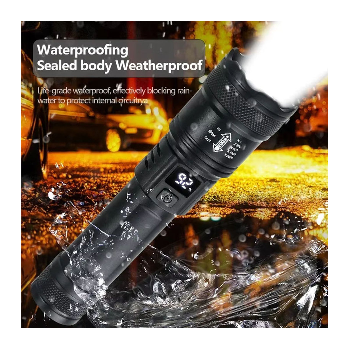 Heinast Tragbare LED-Taschenlampe Ultrahell Wiederaufladbar über USB mit Zoom und Leistungsanzeige für Outdoor Camping und Angeln - Bild 4