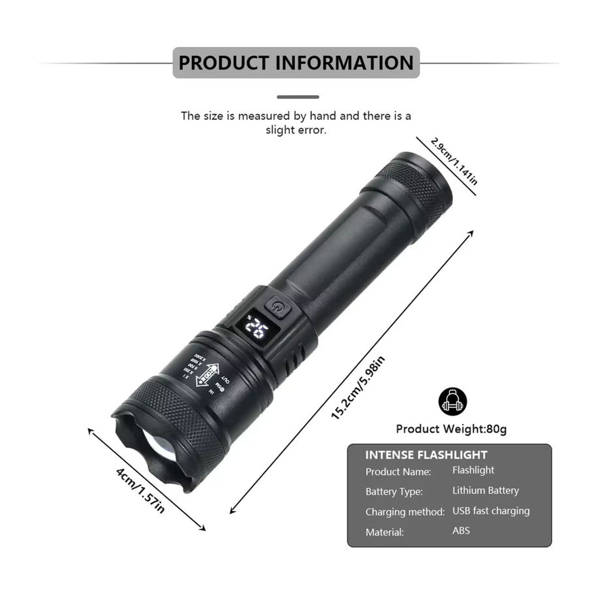 Heinast Tragbare LED-Taschenlampe Ultrahell Wiederaufladbar über USB mit Zoom und Leistungsanzeige für Outdoor Camping und Angeln - Bild 6