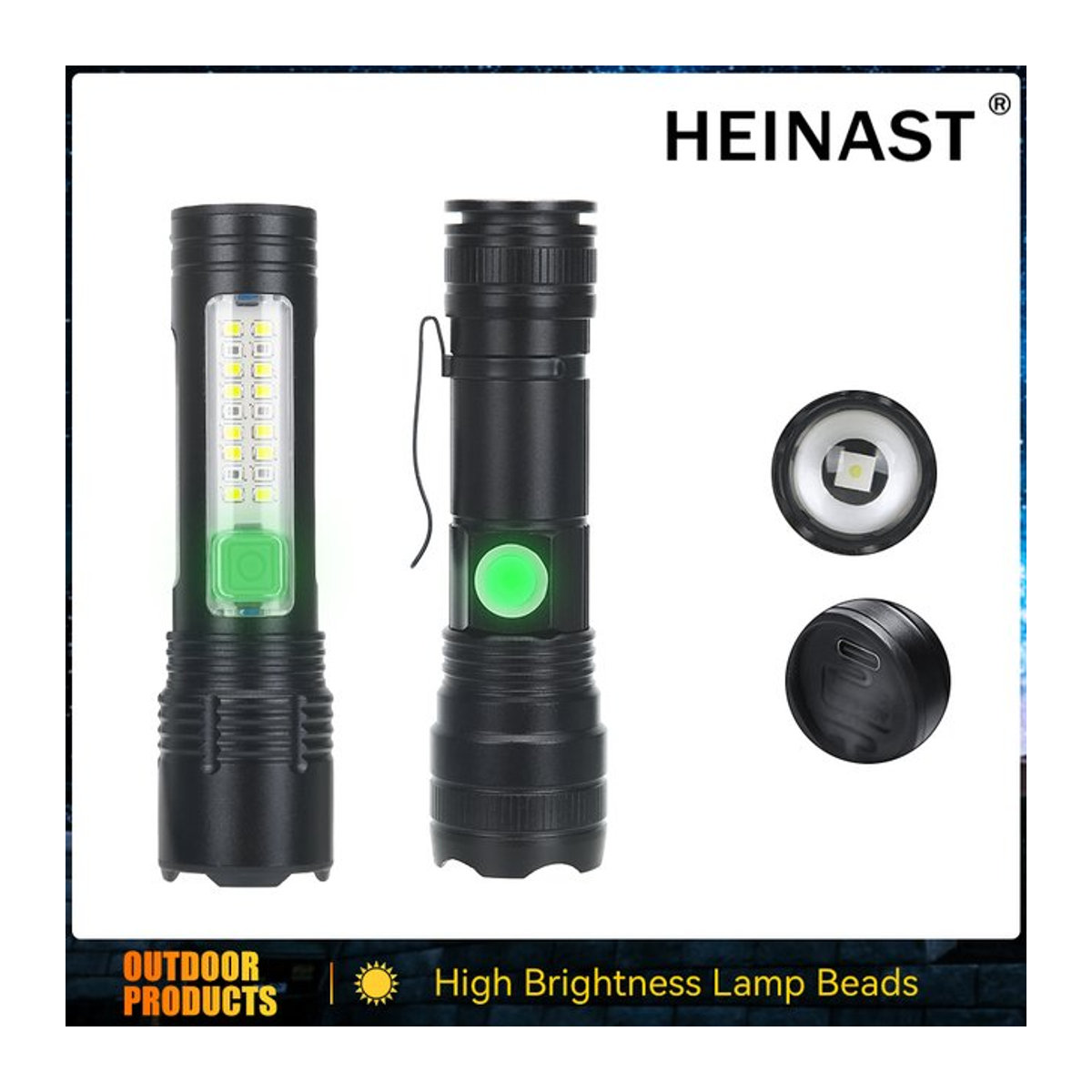 Heinast Tragbare wiederaufladbare LED-Taschenlampe mit superhellem Zoom für Outdoor und Camping - Bild 1