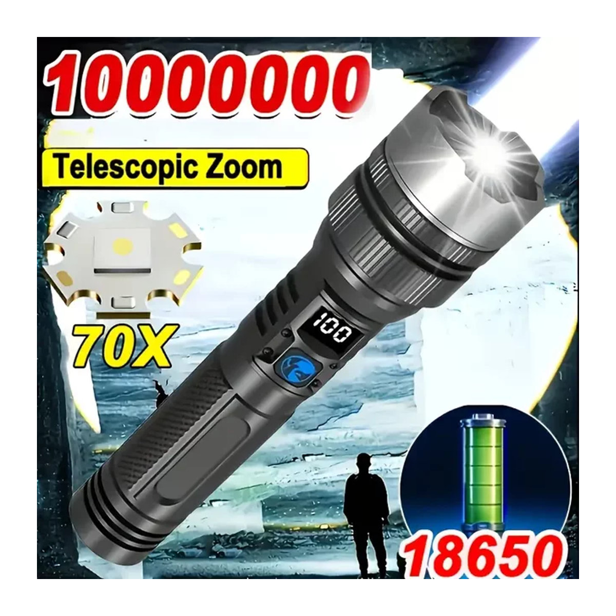 Heinast Ultrahelle LED-Taschenlampe mit Zoom-Funktion und Akku für Camping und Wandern - Bild 1