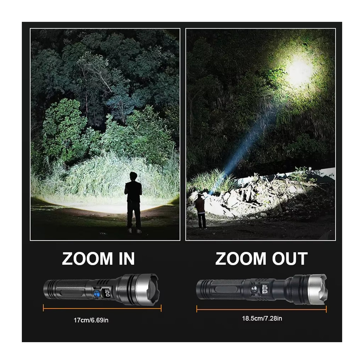 Heinast Ultrahelle LED-Taschenlampe mit Zoom-Funktion und Akku für Camping und Wandern - Bild 5