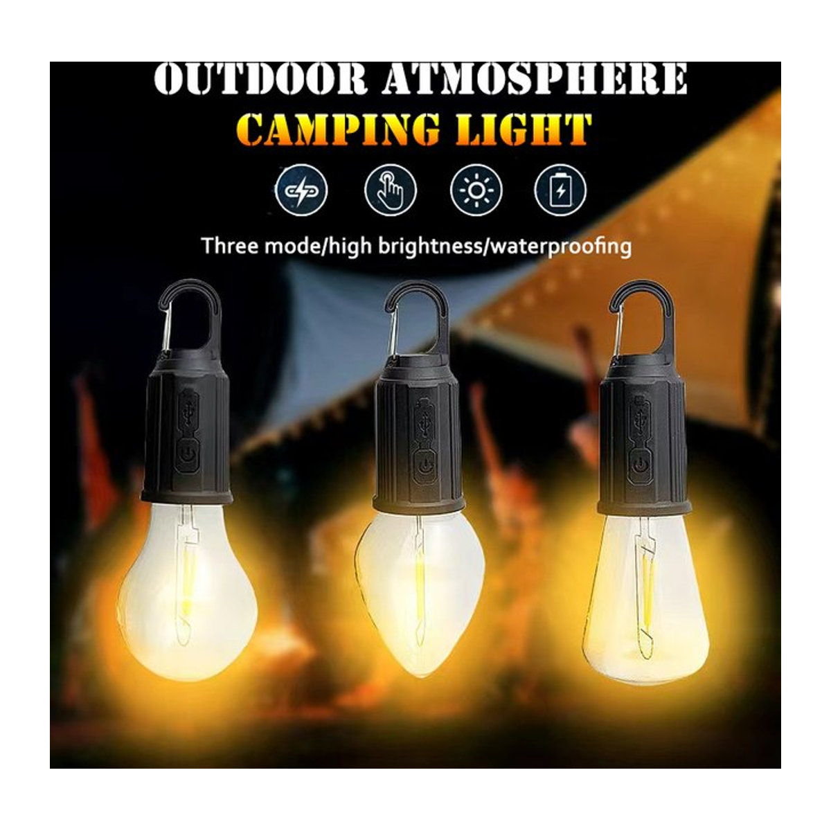 Heinast USB-Campingleuchte mit 3 Beleuchtungsmodi, wasserdichte wiederaufladbare Zeltlaterne mit Haken und Notlicht für den Außenbereich - Bild 1
