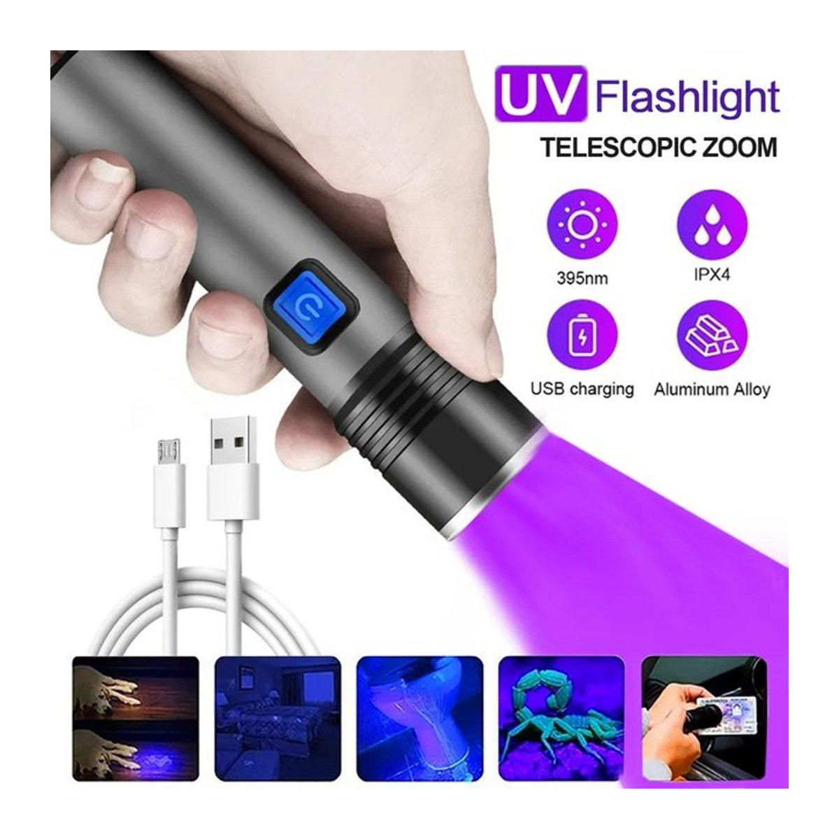 Heinast UV-Taschenlampe 395nm Schwarzlicht zoombar USB wiederaufladbar für Haustier-Urin-Detektion und Harzhärtung - Bild 1