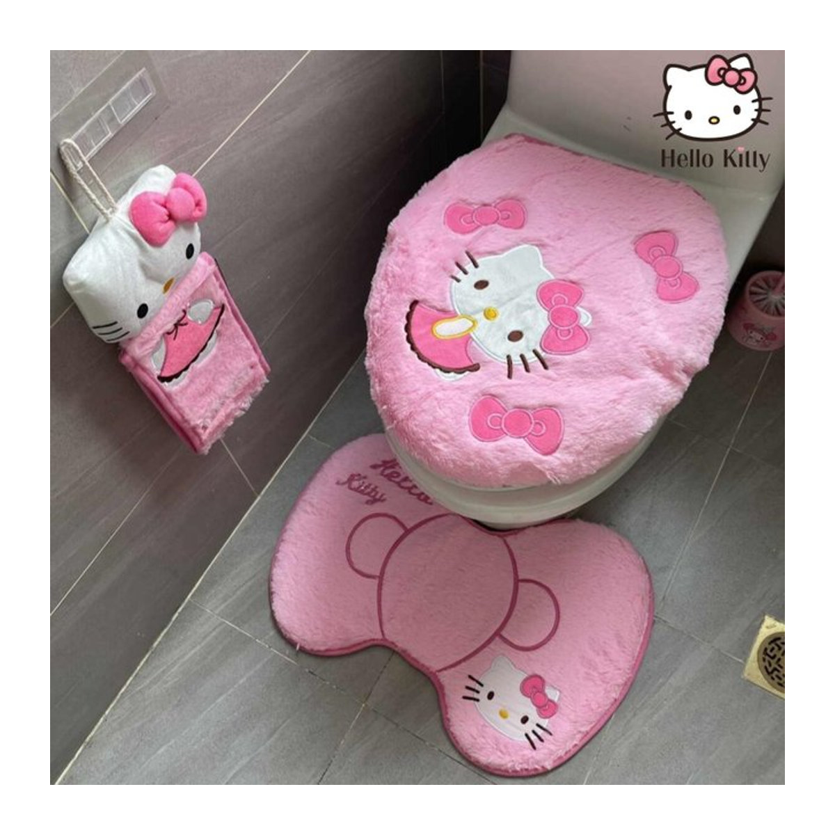 Hello Kitty Badezimmer-Set bestehend aus Toilettensitzbezug, Fußmatte und Taschentuchbox in Rosa, weich und warm für den Winter - Bild 1