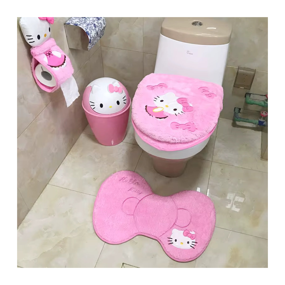 Hello Kitty Badezimmer-Set bestehend aus Toilettensitzbezug, Fußmatte und Taschentuchbox in Rosa, weich und warm für den Winter - Bild 4