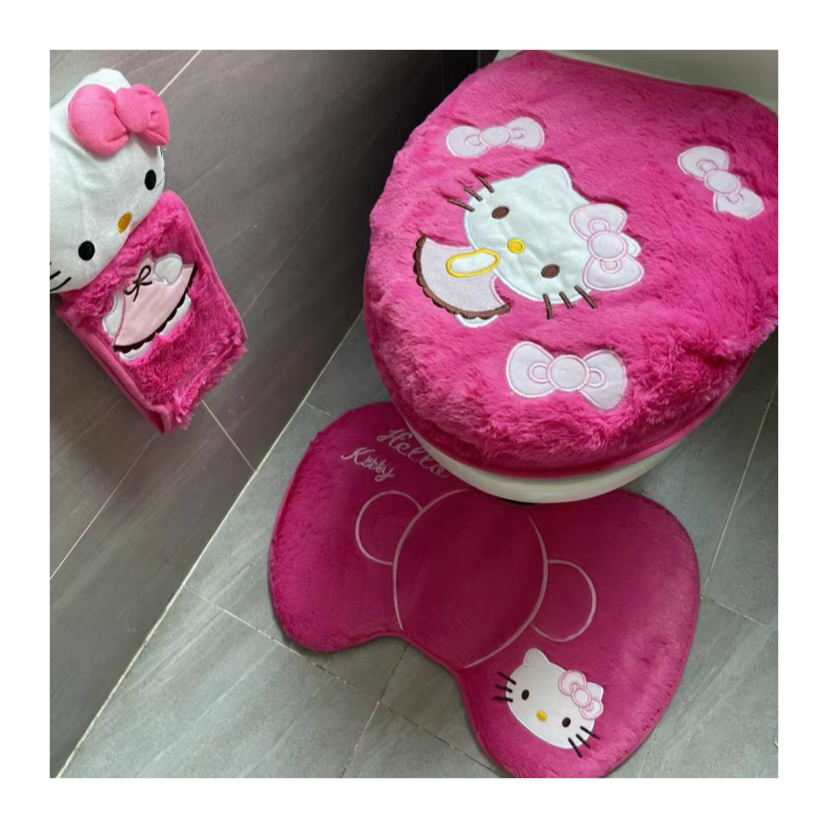 Hello Kitty Badezimmer-Set bestehend aus Toilettensitzbezug, Fußmatte und Taschentuchbox in Rosa, weich und warm für den Winter - Bild 5