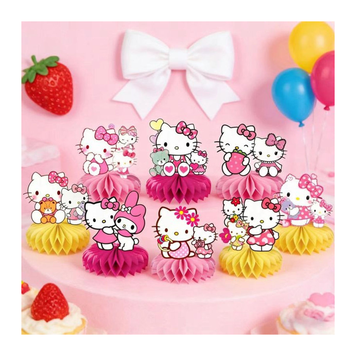 Hello Kitty Waben-Tischdekoration aus Papier in Rosa für Kindergeburtstage und Babypartys - Bild 1