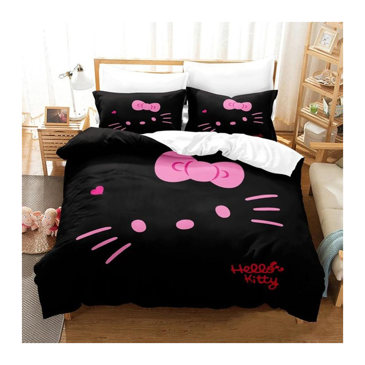 Hello Kitty Weihnachts-Bettwäscheset mit Steppdecke und Kissenbezügen in Schwarz, B/H: 200 x 200 cm - Bild 1