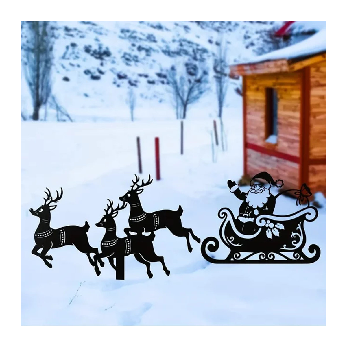 Hello Young 2-teiliges Weihnachts-Metallpfahl-Set mit Rentier und Weihnachtsschlitten-Silhouette zur Hofdekoration für den Außenbereich - Bild 1