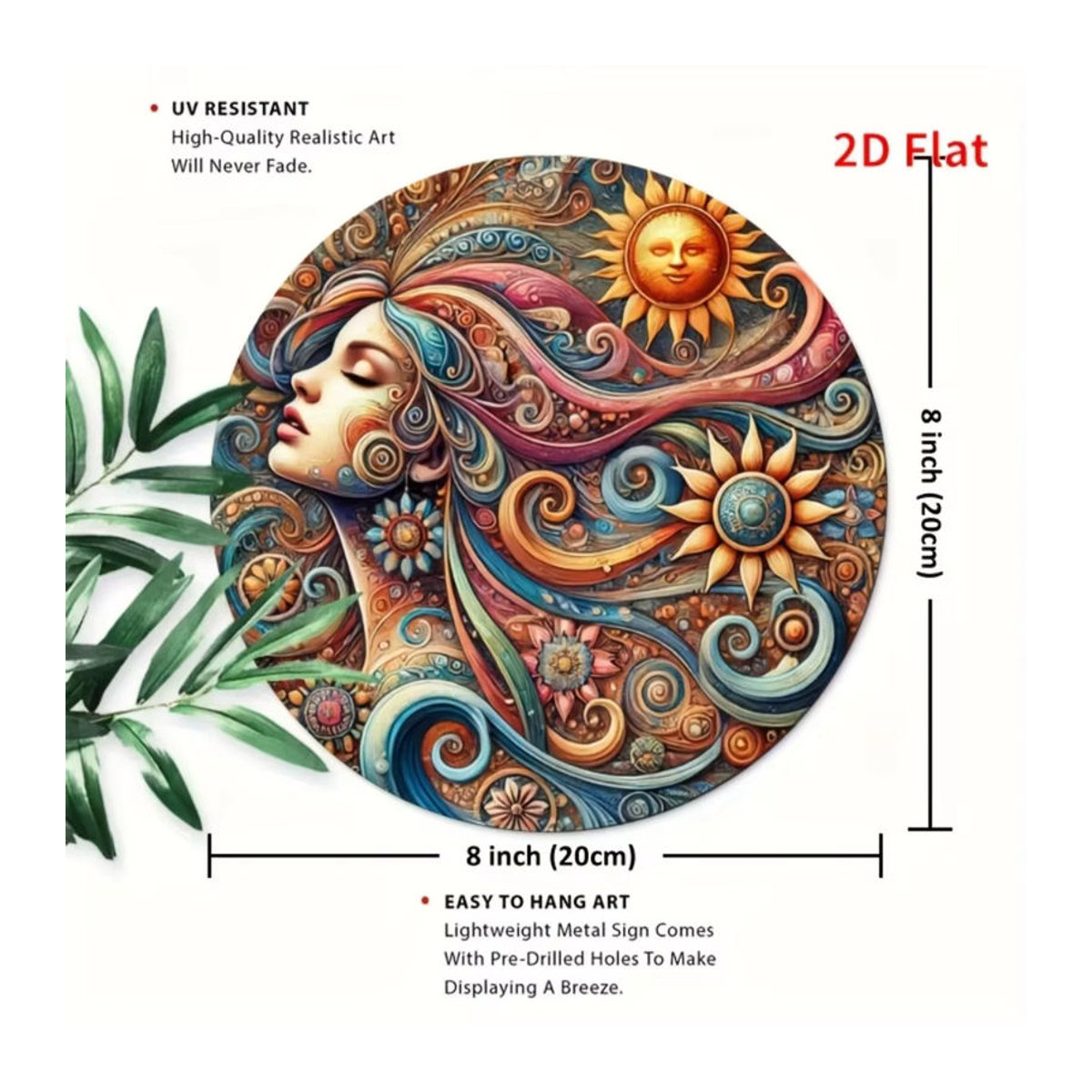 Hello Young Bohemian Sun Moon Floral 2D-Wandkunst aus Metall, rundes Eisendekor in Mehrfarbig, Durchmesser: 20,3 cm - Bild 2