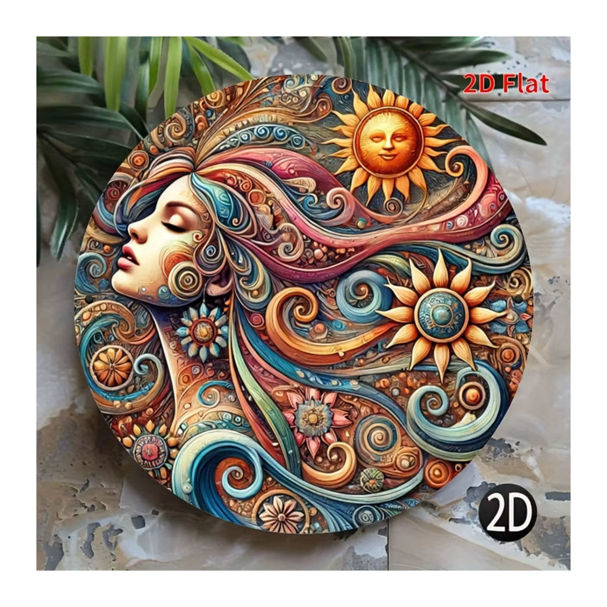 Hello Young Bohemian Sun Moon Floral 2D-Wandkunst aus Metall, rundes Eisendekor in Mehrfarbig, Durchmesser: 20,3 cm - Bild 3