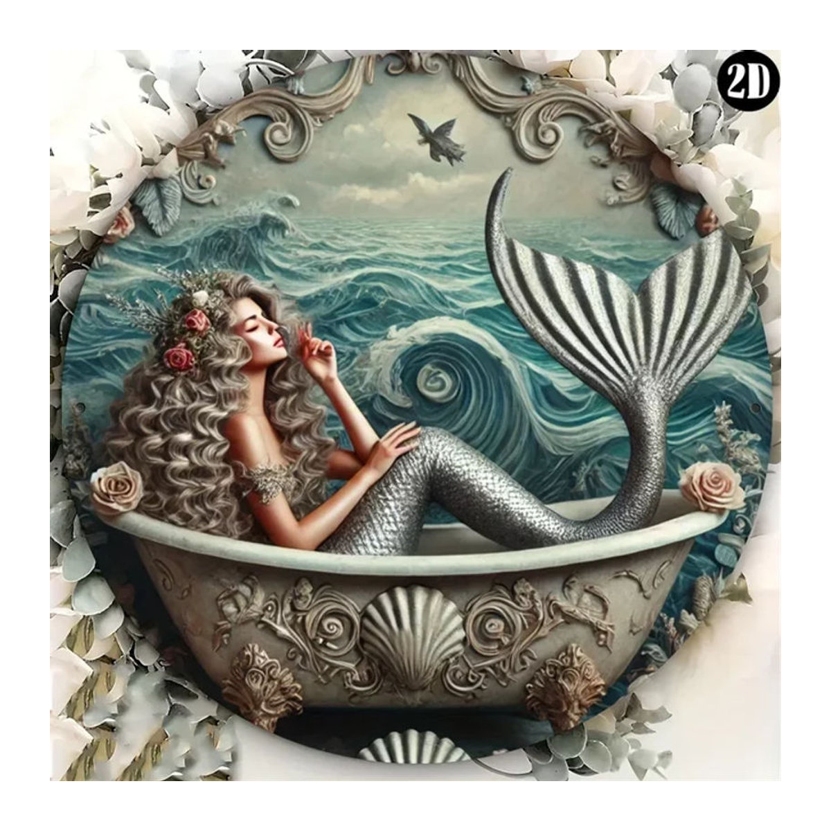 Hello Young Meerjungfrau Metallwandkunst Oceanic Bliss – Rundes, mehrfarbiges Dekoschild im klassischen Stil für Innen- und Außenbereich - Bild 1