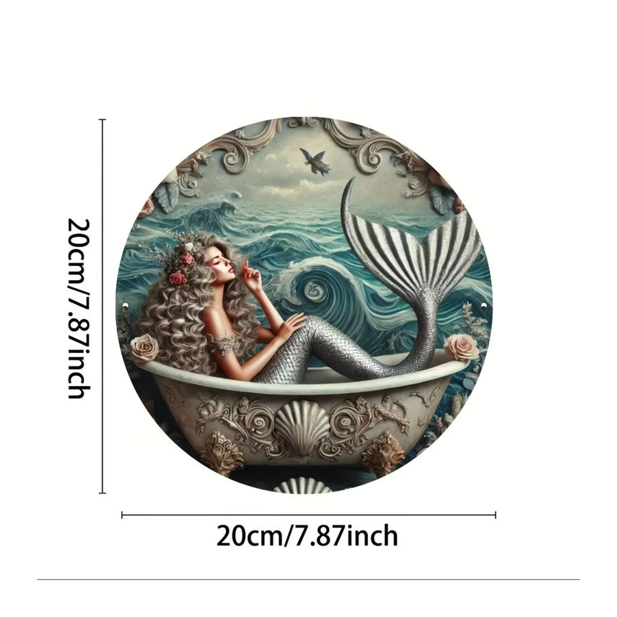 Hello Young Meerjungfrau Metallwandkunst Oceanic Bliss – Rundes, mehrfarbiges Dekoschild im klassischen Stil für Innen- und Außenbereich - Bild 2